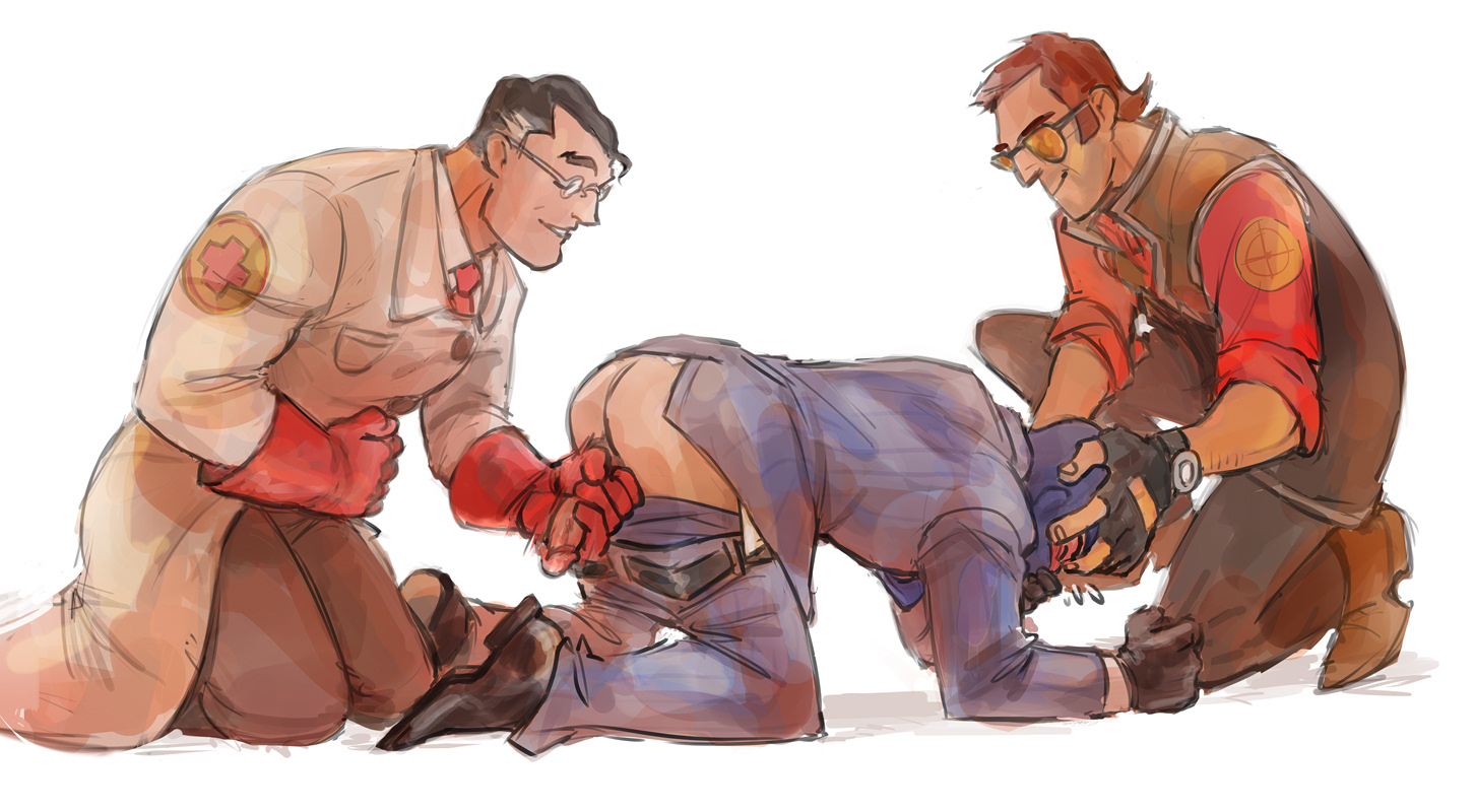 ass, balls, blush, clothed sex, covering mouth, from behind, gay, handjob, male, male/male/male, medic (team fortress 2), old male, pants down, si0rane, sniper (team fortress 2), spy (team fortress 2), submissive male, team fortress 2, threesome, yaoi