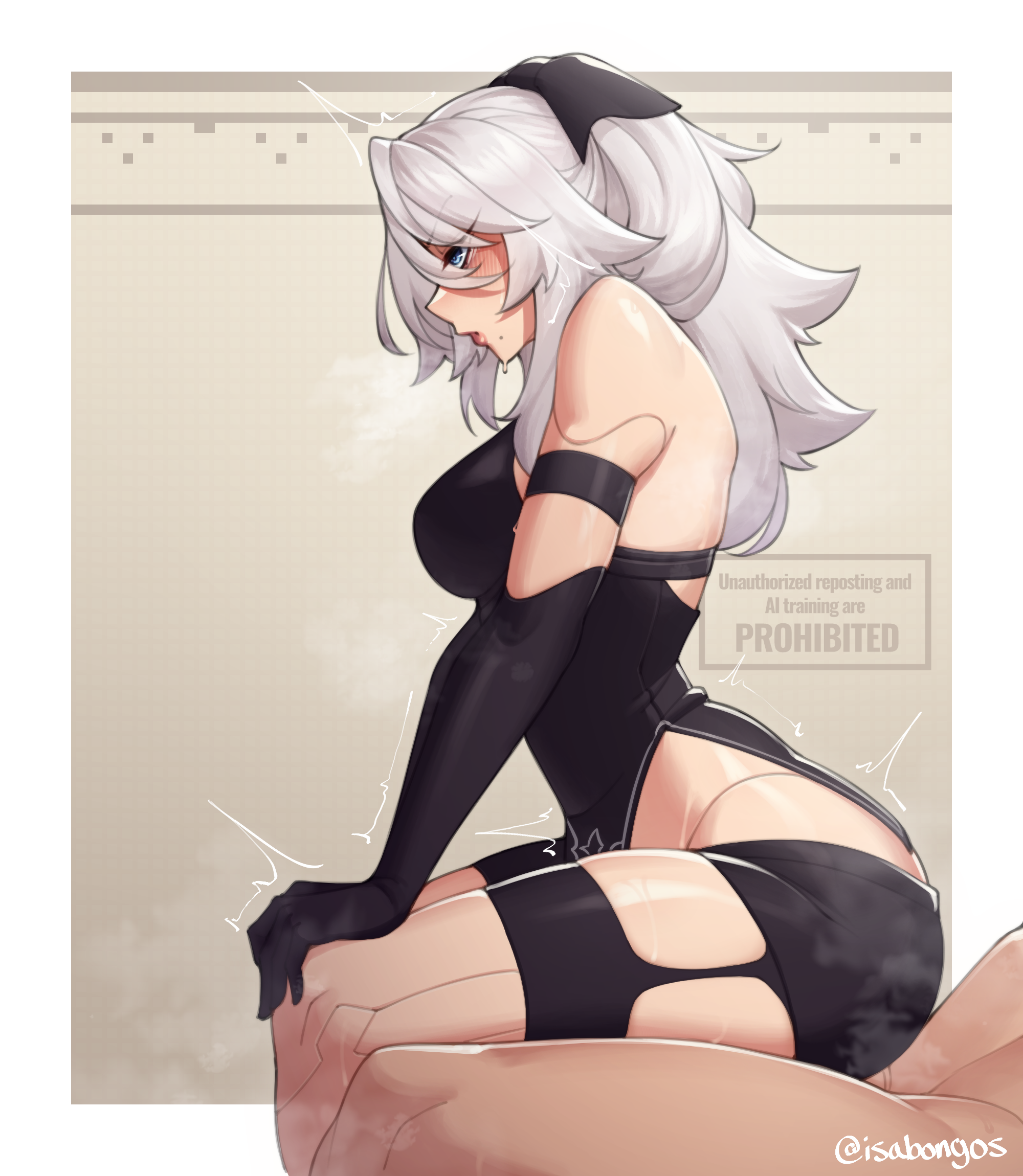 1boy, ass, bare shoulders, black shirt, black shorts, blush, border, breasts, female, from side, grey hair, high ponytail, highres, implied sex, isabongos, large breasts, long hair, male, nier (series), nier: automata, pod (nier), ponytail, profile, shirt, shorts, simple background, solo focus, straight, sweat, textless version, white border, yorha a2