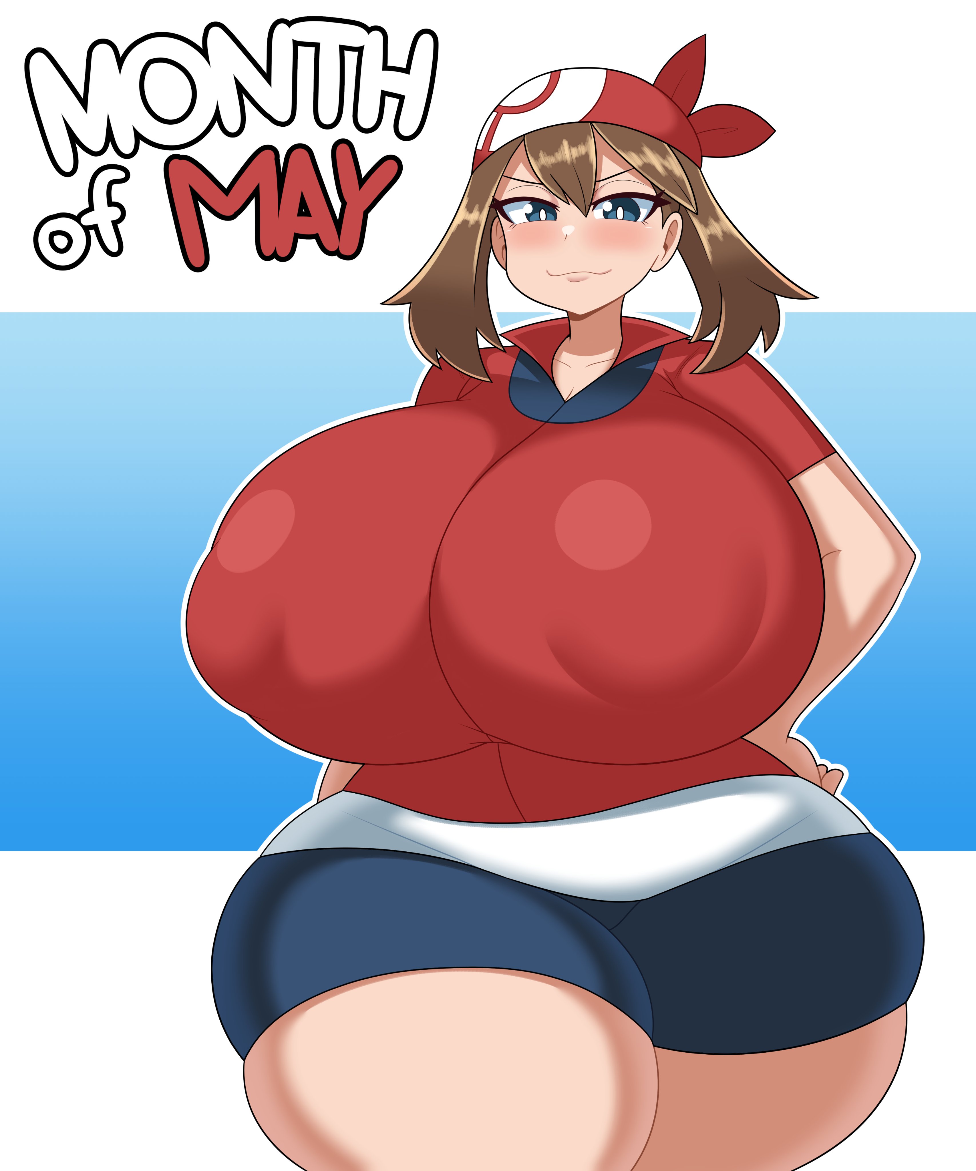 1girls, ass, ass bigger than head, bike shorts, blue eyes, breasts, breasts bigger than head, brown hair, clothed, duskyer, female, female only, fully clothed, hourglass figure, huge ass, huge breasts, huge thighs, hyper breasts, may (pokemon), nipple bulge, nipples visible through clothing, no bra, pokemon, pokemon rse, smile, teasing, thick thighs, tight clothing, voluptuous