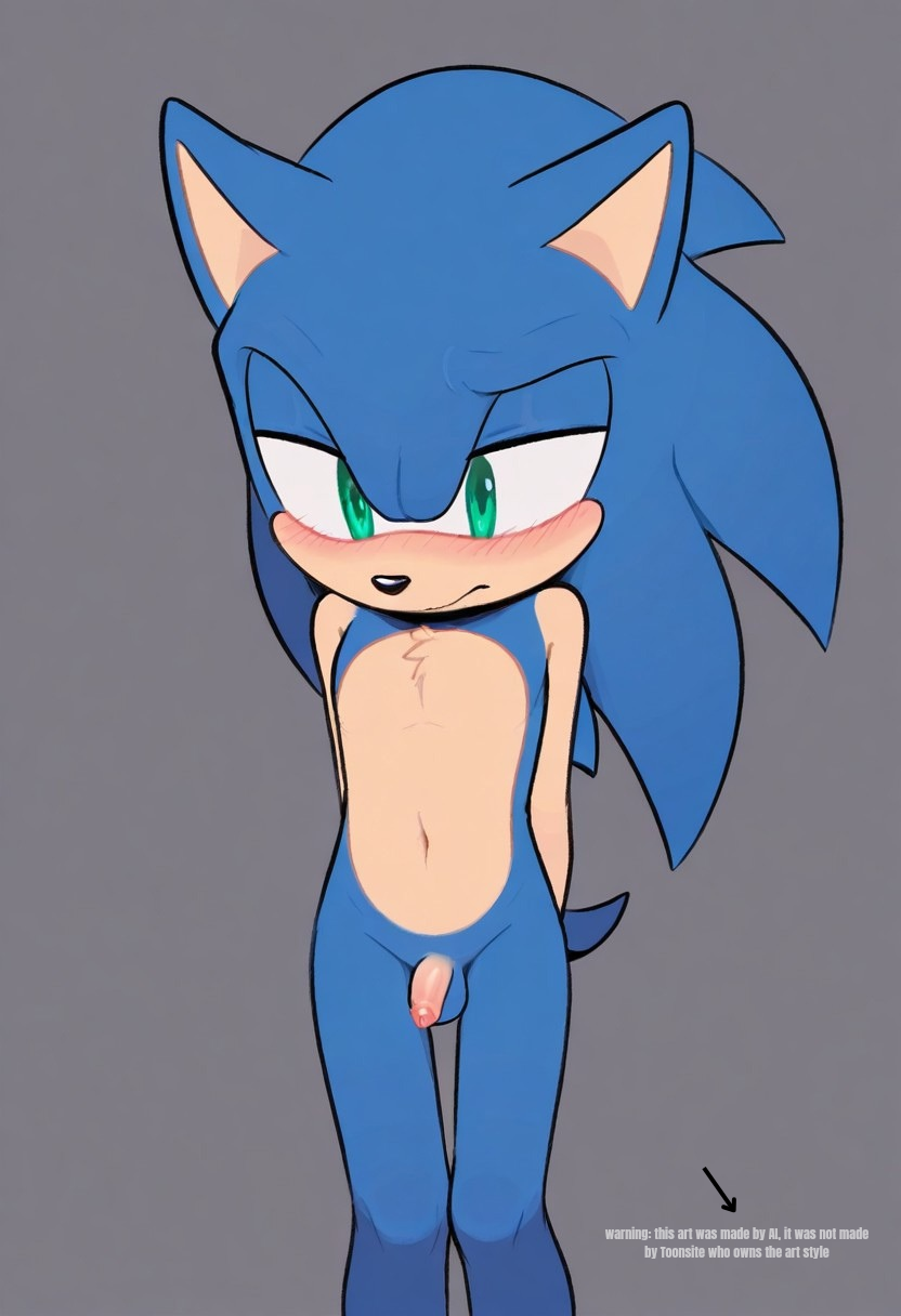 1boy ai_generated animal_ears anthro anthro_male blue_body blue_fur blush gray_background green_eyes hands_behind_back male male_only mobian_(species) pathetic_male penis shy small_penis solo sonic_(series) sonic_the_hedgehog sonic_the_hedgehog_(series) tiny_penis two_tone_fur