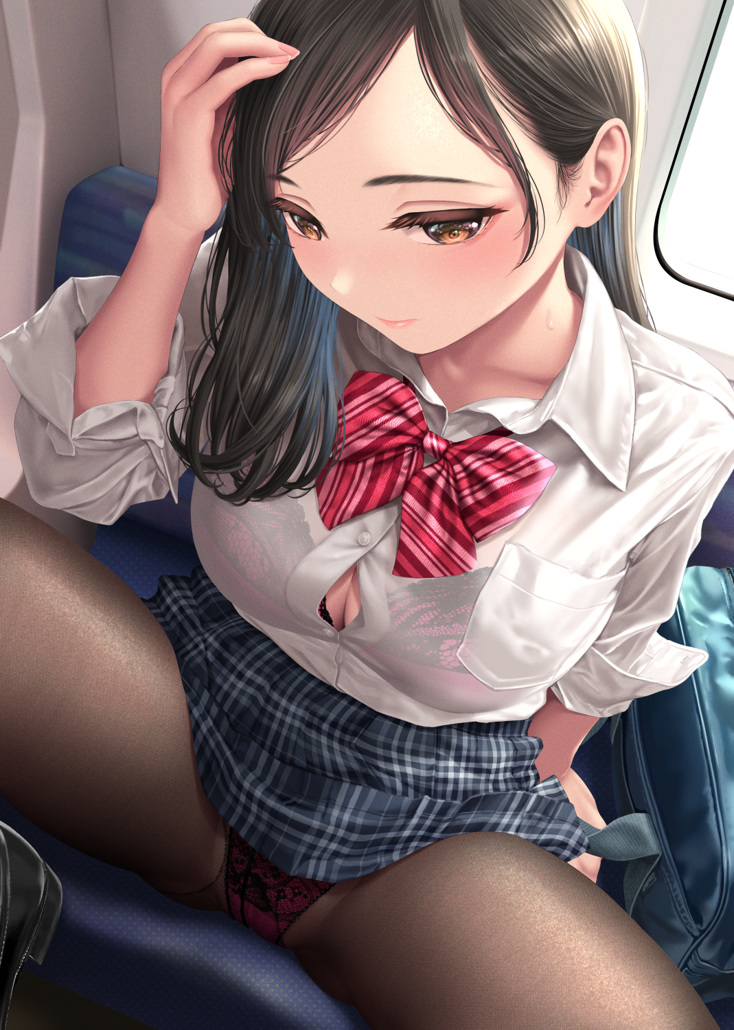 1girls, black hair, bowtie, bra, bra visible through clothes, brown eyes, female, female only, highres, kase daiki, light skin, light-skinned female, long hair, original, panties, panties under pantyhose, pantyhose, sitting, solo, spread legs
