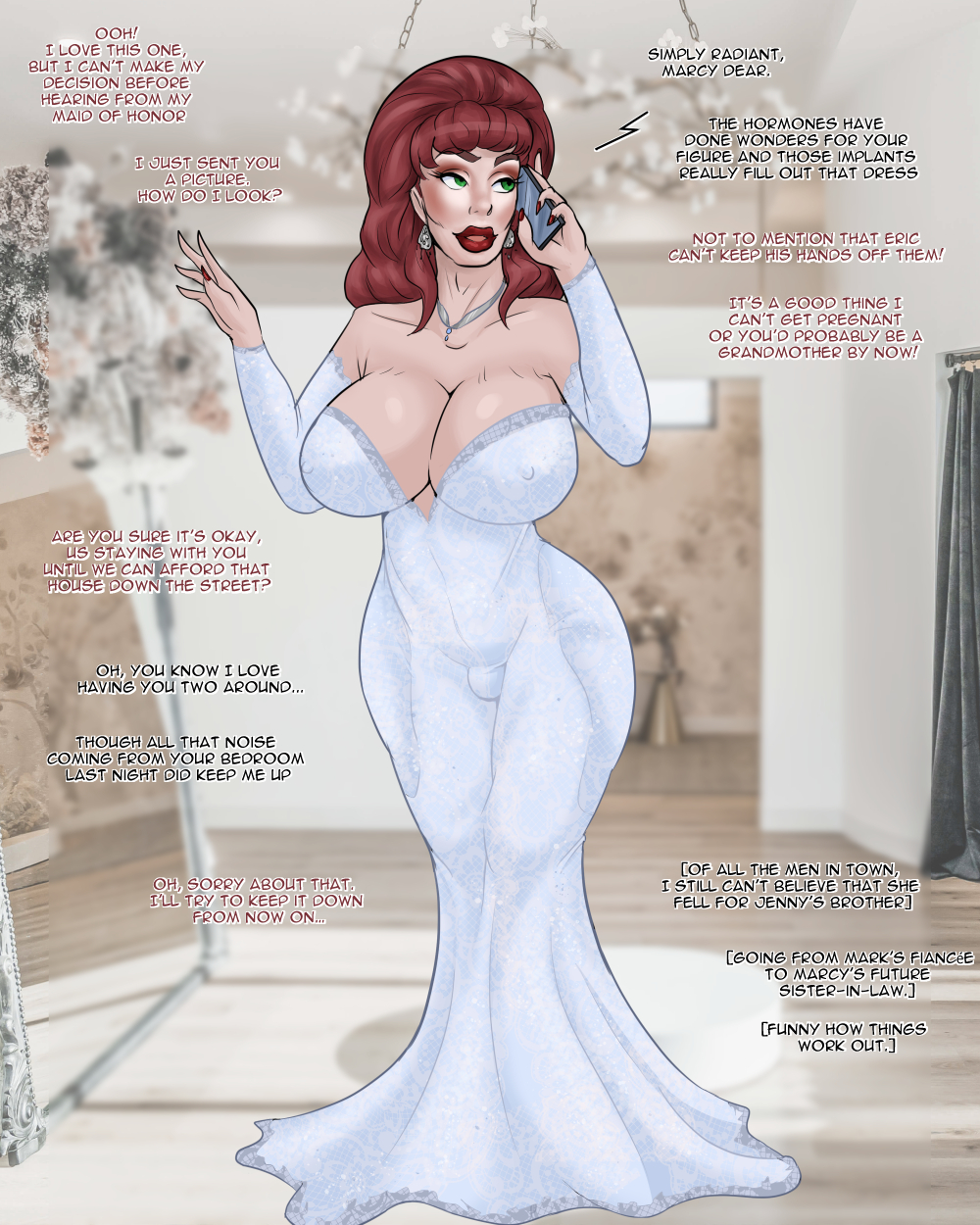 1dickgirl, big breasts, big hair, big lips, bouffant, bouffant hair, bouffant hairdo, breast implants, breasts, brown eyebrows, bulge through clothing, cougar, crossdressing, dialogue, dickgirl, diggerman, drag queen, earrings, english text, fake breasts, full body, futanari, green eyes, heavy makeup, high heels, hip pads, hormone replacement therapy, hourglass figure, intersex, makeup, male, married with children, milf, necklace, on phone, peggy bundy, red eyeshadow, red hair, red lipstick, red nails, silver earrings, silver jewelry, silver necklace, simple background, sissification, sissy, solo, speech bubble, standing, straight-on, teased hair, text, trans woman, transfem, wedding dress, wedding ring, white dress, wide hips, wig