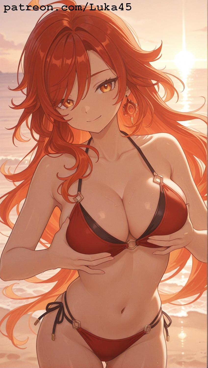 ai generated, beach, bikini, blush, bra, breast grab, breasts, female, genshin impact, hoyoverse, large breasts, large hair, long hair, luka45, mavuika (genshin impact), mihoyo, natlan girls, navel, patreon, patreon reward, patreon url, patreon username, red hair, smile, smiling at viewer, standing, sunset, touching breast