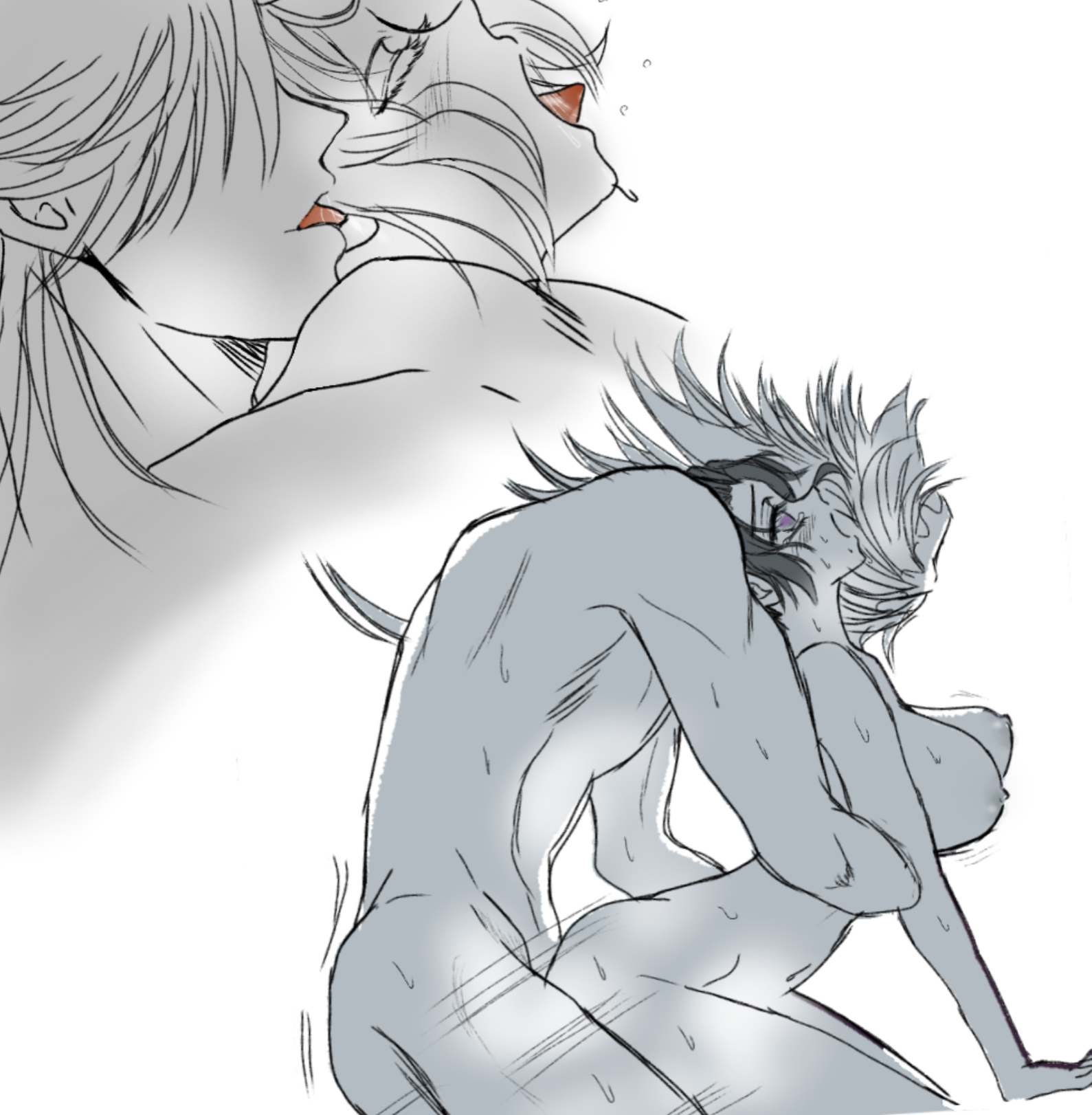 1boy, 1girls, ambiguous penetration, completely nude, demon slayer, douma, female, from behind, hugging from behind, kimetsu no yaiba, kochou shinobu, male, monochrome, motion lines, muscular, muscular male, nude, sex, spiky hair, straight, sweat