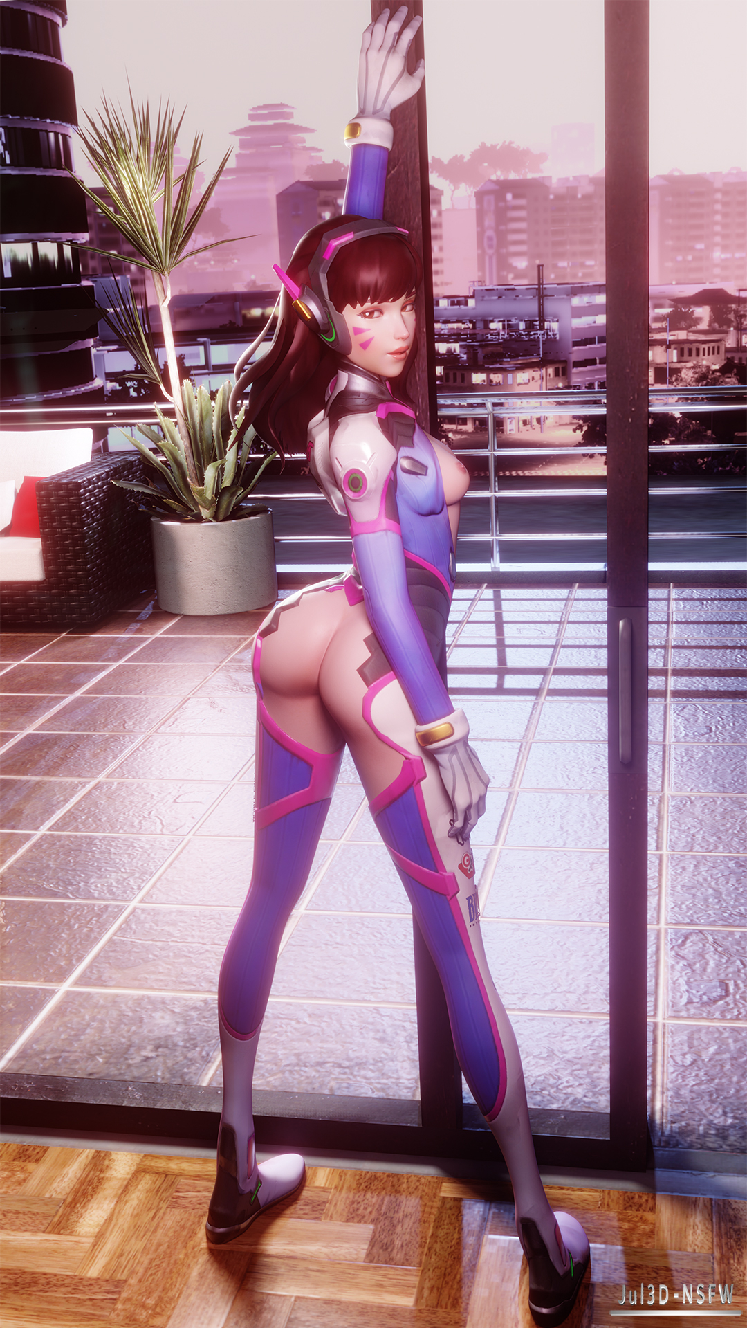 1girls, 3d, alternate version available, ass, blender, breasts, brown hair, d.va, female, female only, functionally nude, jul3dnsfw, makeup, naked, naked footwear, nipples, nude, overwatch, solo