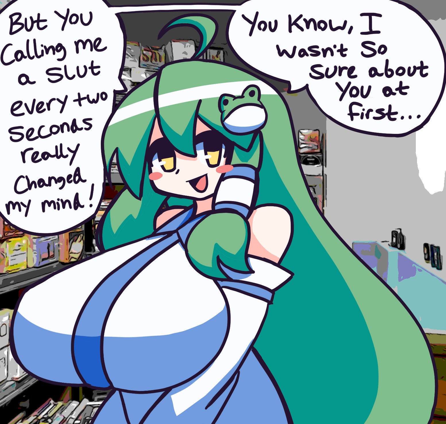 1girls, 2021, ahoge, bare shoulders, breasts, female, gensin, green hair, large breasts, long hair, looking at viewer, sanae kochiya, solo, solo female, tagme, talking to viewer, touhou, voluptuous, yellow eyes