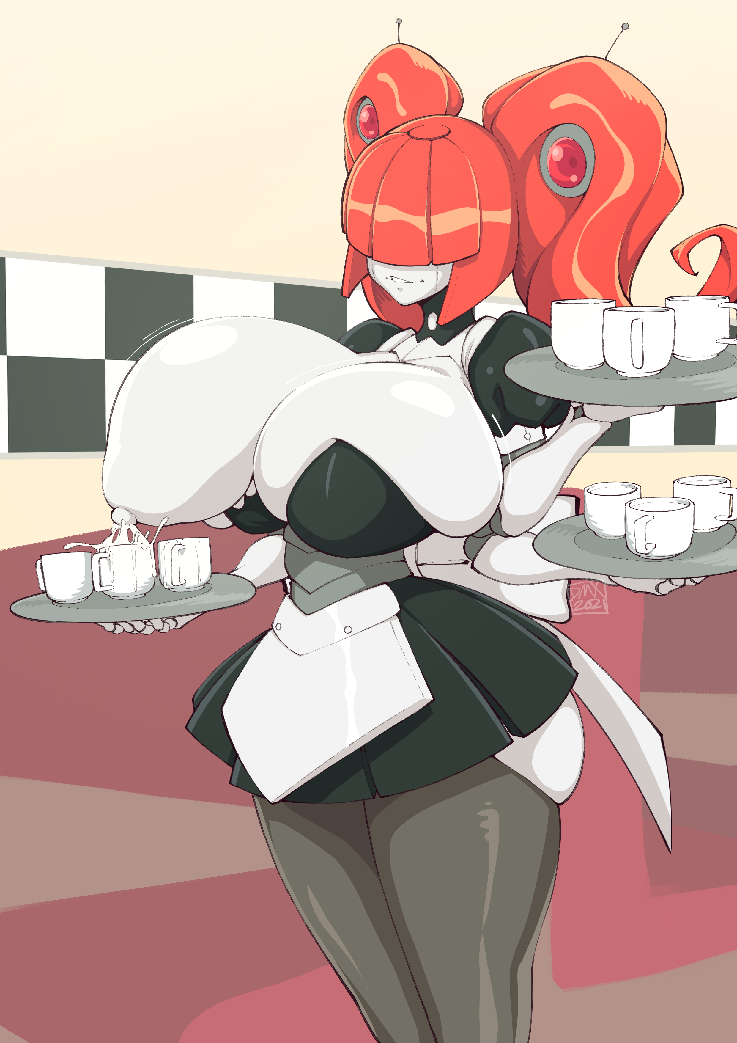 1girls, absurdres, breasts, cleavage, dmxwoops, female, female only, hair over eyes, highres, huge breasts, lactation, robot, solo, thick thighs, wide hips