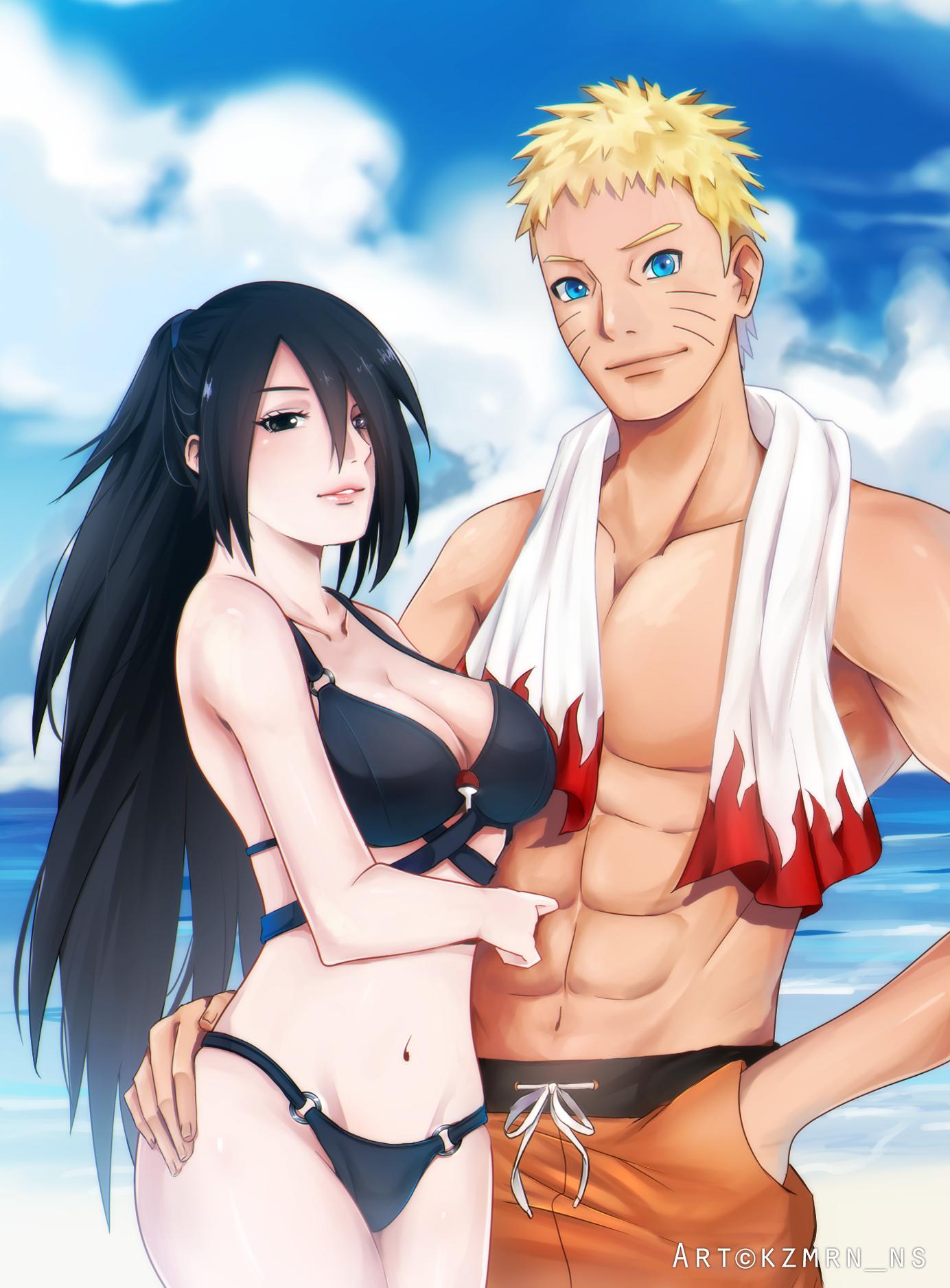 1boy, 1girls, alternate hairstyle, ass, beach, big breasts, bikini, black eyes, blue eyes, blush, boruto: naruto next generations, breasts, busty, cleavage, curvaceous, curvy, curvy figure, duo, female, gender transformation, genderswap, genderswap (mtf), hand in pocket, hand on ass, hand on waist, heterochromia, kzmrn, looking at viewer, male, midriff, naruto, naruto (series), outdoors, pelvic curtain, ponytail, posing, rinnegan, rule 63, sasuke uchiha, sasuko, sexy no jutsu, smile, swimsuit, tied hair, towel around neck, transformation, uzumaki naruto, very long hair, wide hips, yellow hair