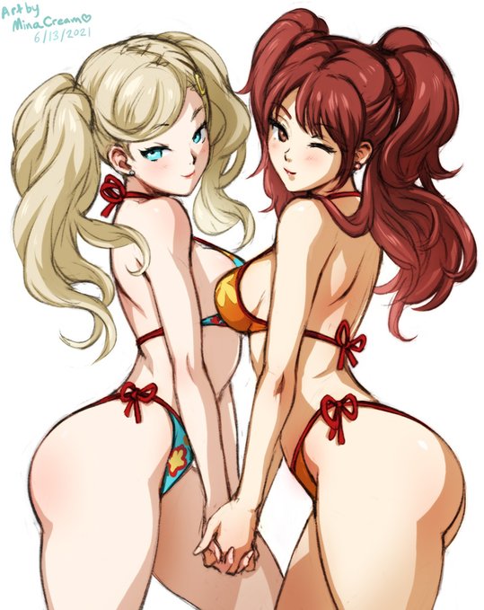 ann takamaki, ass, bikini, bikini bottom, bikini top, blonde hair, blue eyes, boobs and butt pose, bottomwear, breast squish, breast to breast, breasts, brown eyes, brown hair, clothing, earrings, female, hair pin, hand holding, human, idol, knot, kujikawa rise, looking at viewer, lovers arcana, megami tensei, minacream, model, pale skin, persona, persona 4, persona 5, swimsuit, swimwear, thick ass, topwear, white background, wink, winking at viewer, yuri