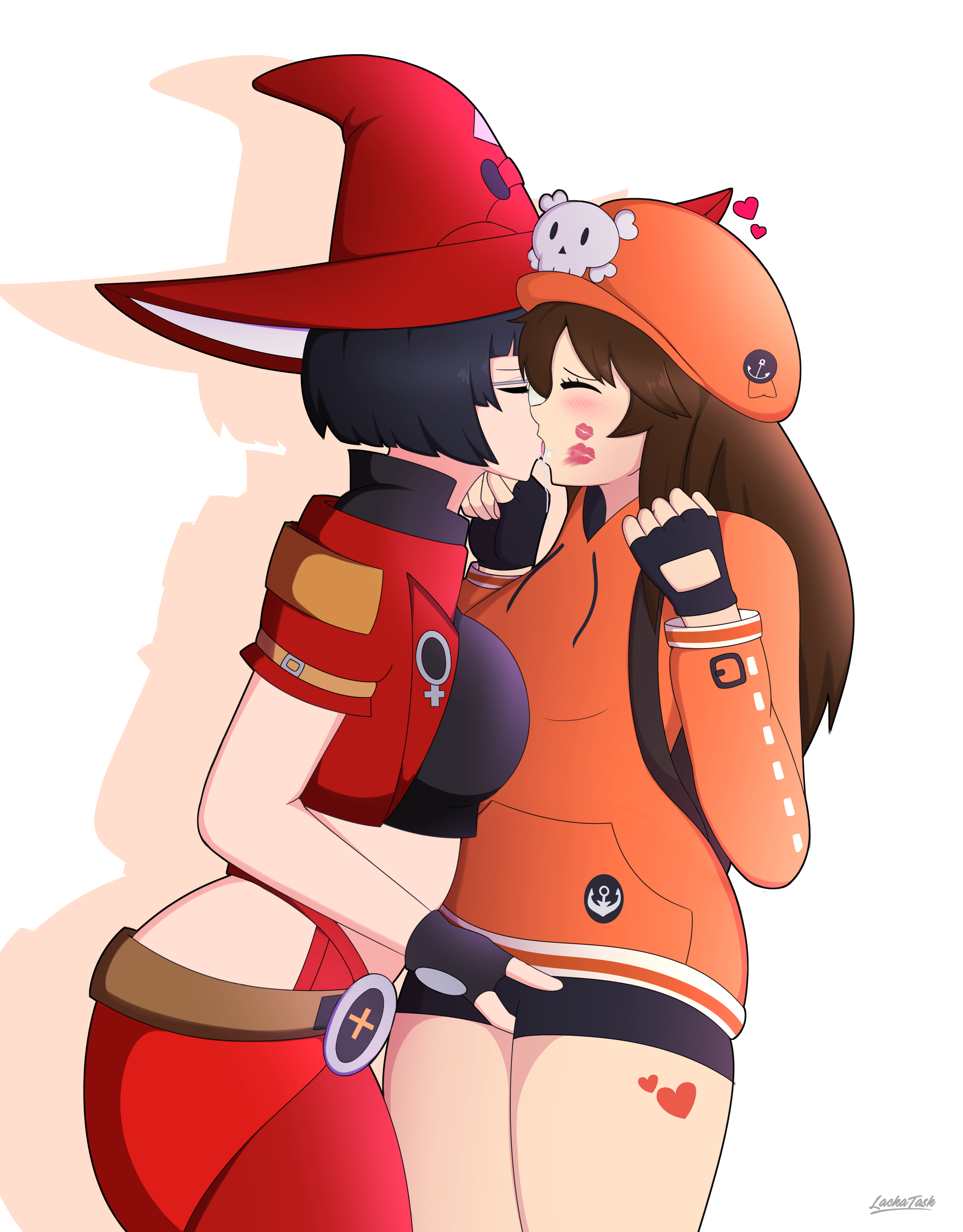 black hair, bob cut, closed eyes, clothing, female, guilty gear, guilty gear strive, i-no, kissing, lackatask, may (guilty gear), short hair, tagme, white background, white skin, yuri