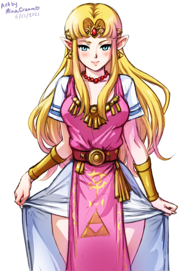 1girls, a link to the past, bare thighs, blonde hair, blue eyes, breasts, clothes lift, dress, dress lift, female, lifted by self, long hair, looking at viewer, medium breasts, minacream, nintendo, pointy ears, presenting, princess zelda, smile, solo, the legend of zelda, thighs, upskirt, zelda (a link between worlds), zelda (a link to the past)