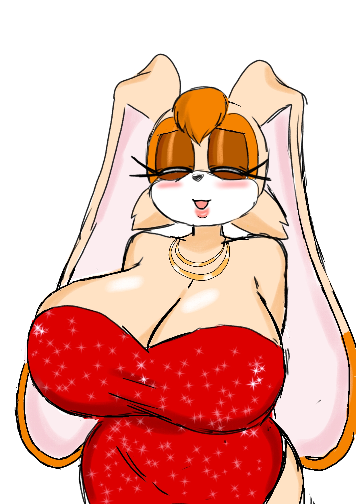 1girls, anthro, big breasts, blush, breasts, bunny, bunny ears, cleavage, curvy, dress, female, female only, huge breasts, large breasts, lipstick, mature, mature female, milf, momiji (artist), mother, necklace, open mouth, red dress, sega, solo, solo female, sonic (series), sonic the hedgehog (series), vanilla the rabbit, wide hips