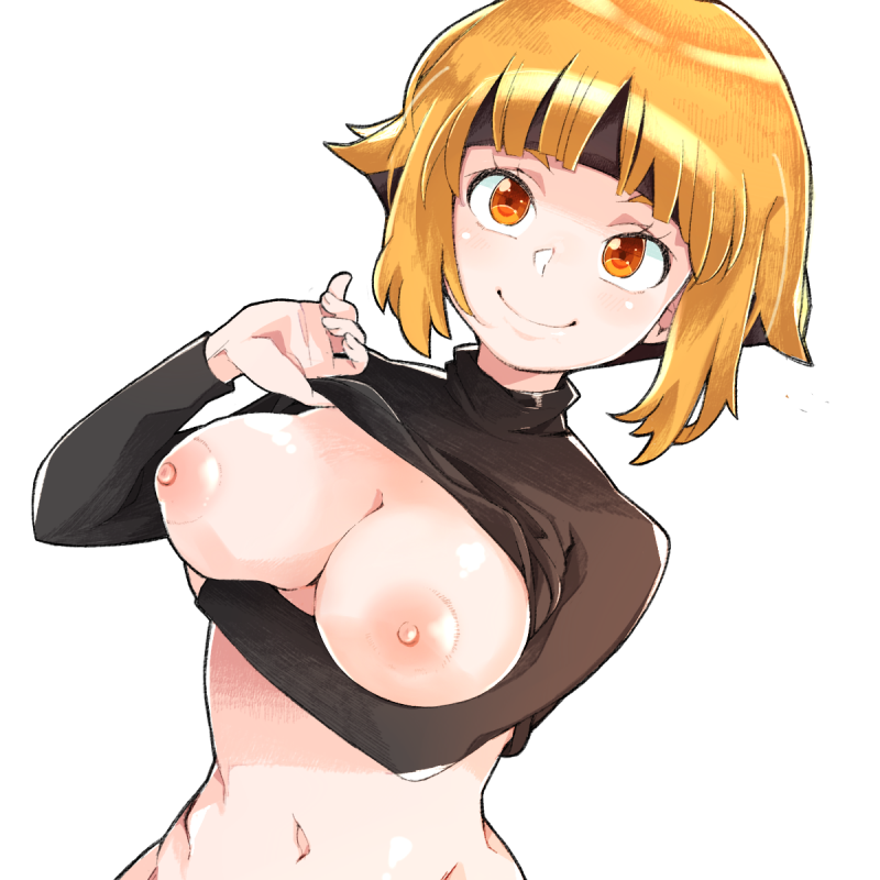 arm_under_breasts bangs black_hair black_shirt breasts breasts_out closed_mouth clothes_lift creatures_(company) female game_freak gardenia_(pokemon) large_breasts lifted_by_self long_sleeves looking_at_viewer multicolored_hair navel nintendo nipples no_bra orange_eyes orange_hair pokemon pokemon_(game) pokemon_dppt shirt shirt_lift simple_background smile smiling smiling_at_viewer solo stomach two-tone_hair upper_body white_background yucopi