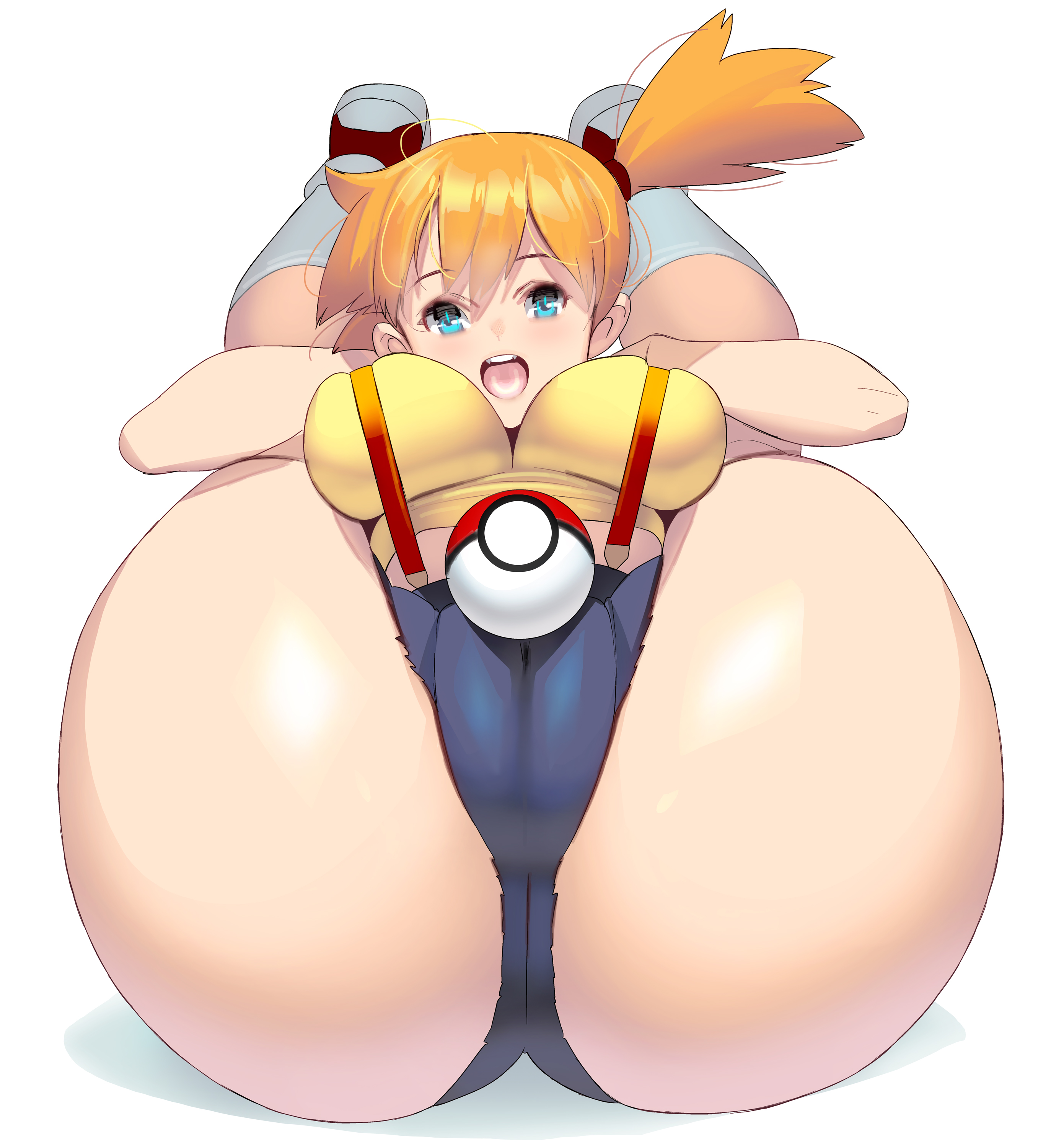 1girls, ass, big ass, big breasts, big butt, blue eyes, breasts, cameltoe, eye contact, female, kasumi (pokemon), large ass, large breasts, looking at viewer, masao, nintendo, pokemon, pokemon rgby, pussy, shoes, short hair, shorts, thick ass, thick thighs, tight clothing