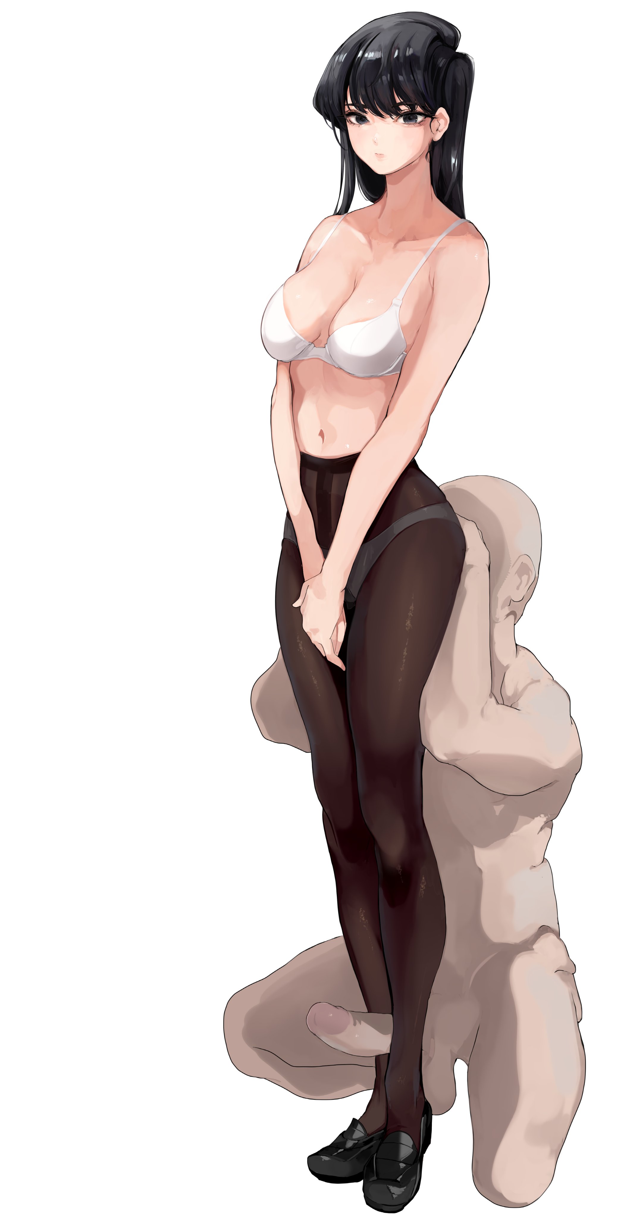 1boy, 1girls, ass on face, big breasts, big penis, black eyes, black hair, breasts, faceless male, female, fringe, komi shouko, komi-san wa komyushou desu, light skin, light-skinned female, light-skinned male, long hair, male, mamimi (mamamimi), panties, pantyhose, penis, standing, tagme, underwear, white background