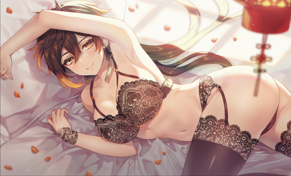 1girls, ahoge, arm up, armpits, ass, bangs, black bra, black legwear, bra, bra strap, breasts, brown hair, cleavage, commentary request, diamond (shape), diamond-shaped pupils, earrings, female, female only, garter straps, genderswap, genderswap (mtf), genshin impact, hair between eyes, jewelry, lace trim, lantern, large breasts, lingerie, long hair, looking at viewer, lying, navel, on bed, on side, petals, ritsu (re710pngn), rule 63, smile, solo, symbol-shaped pupils, tassel, tassel earrings, thighs, underwear, upper body, wrist cuffs, yellow eyes, zhongli (genshin impact), zhongli jiejie