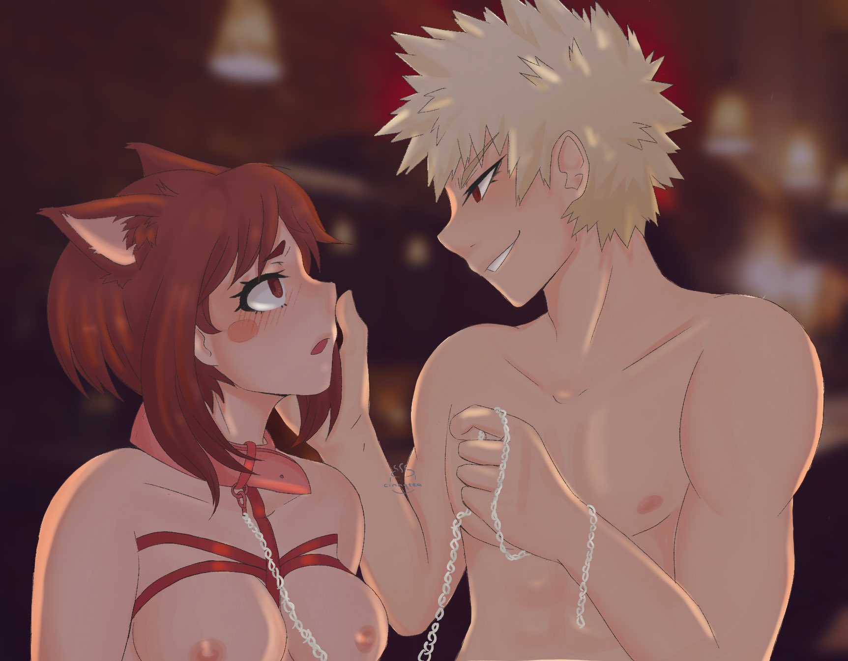 1boy, 1girls, animal ears, blonde hair, blonde-haired male, bondage, breast bondage, breasts, brown hair, brown-haired female, collar, dog ears, eye contact, female, femsub, halloween, hand on face, katsuki bakugou, leash, male, male/female, maledom, my hero academia, nude, ochako uraraka, shibari, slave, smirk, spiky hair, straight, submissive, submissive female