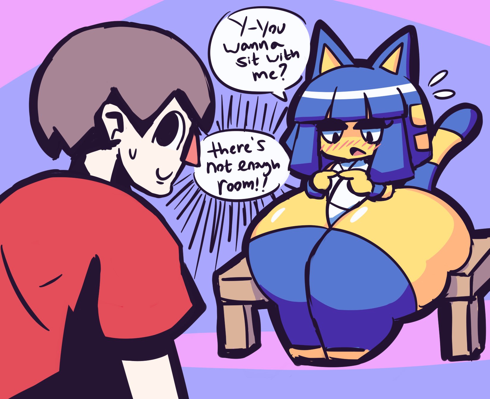 2021, animal crossing, ankha, blush, cat girl, catgirl, female, gensin, humor, hyper thighs, nintendo, speech bubble, thick, thick thighs, villager (animal crossing), voluptuous, yellow body