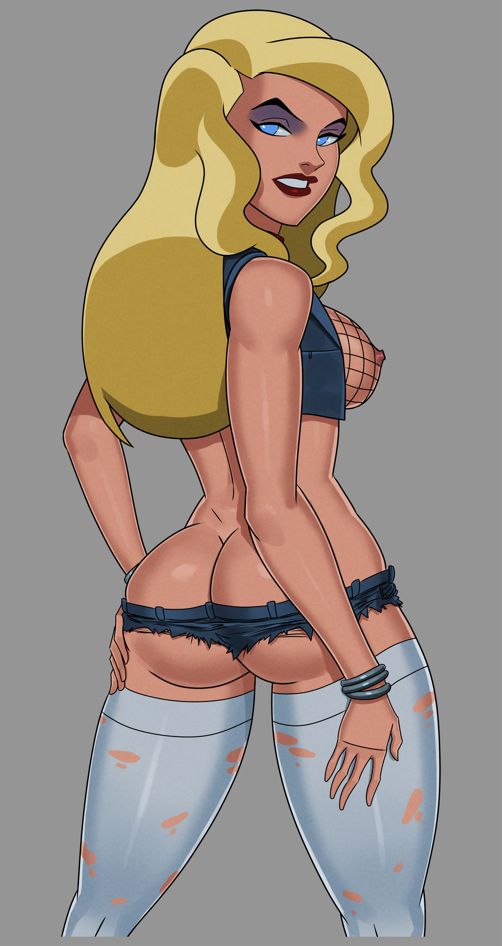 ass, back view, black canary, blonde hair, dc, dc comics, dinah lance, eye shadow, female, female only, fishnets, green arrow (series), lipstick, makeup, micro shorts, no bra, skimpy, solo, something unlimited, sunsetriders7, torn legwear