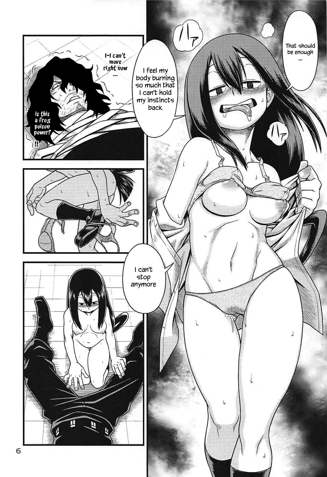 !, 1boy, 1girls, age difference, areola, areolae, black and white, blush, bottomless, bra, breasts, comic, dripping, drooling, english, english text, facial hair, female, femdom, forced, horny, imminent rape, imminent sex, laying down, looking at another, looking at partner, looking down, male, male/female, manga, medium breasts, my hero academia, nipples, no bra, no panties, oda haiji, on back, page 6, page number, panties, perky breasts, pussy, pussy juice, restrained, saliva, school, seductive, shouta aizawa, size difference, speech bubble, student, sweat, sweatdrop, sweating, teacher, teacher and student, teenager, text, tied up, tongue, tongue out, topless, tsuyu asui, undressing, wet, wet pussy