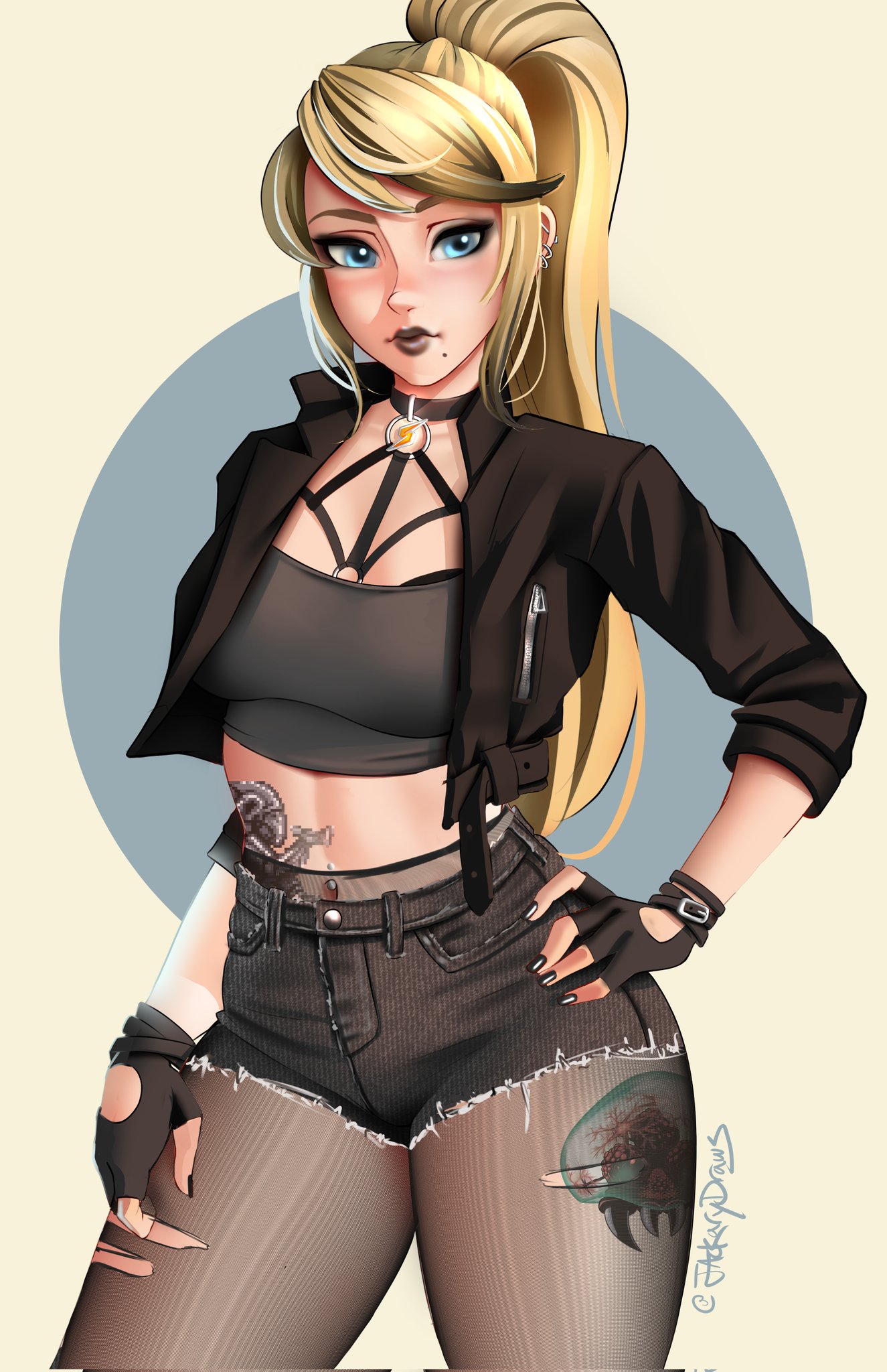 1girls, black lipstick, blonde hair, blue eyes, clothing, female, female only, fingerless gloves, goth, goth girl, hi res, high ponytail, jackary draws, long hair, looking at viewer, makeup, metroid, metroid tattoo, nintendo, pantyhose, ponytail, samus aran, solo, solo female, tattoo, tattoo on belly, tattoo on leg, thick thighs, thunder thighs