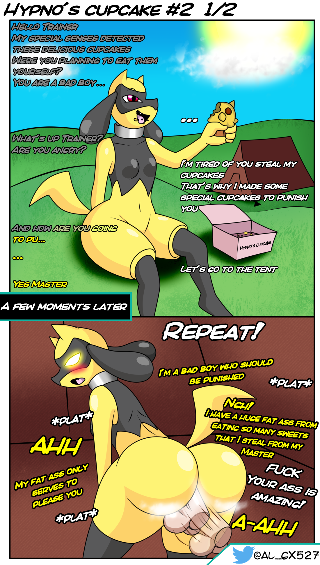 2boys, al gx, anal, anal sex, ass, before and after, big ass, comic, cupcake, dialogue, eating, furry, gay, hypnosis, male, male/male, mind control, pokemon, punishment, riolu, yaoi