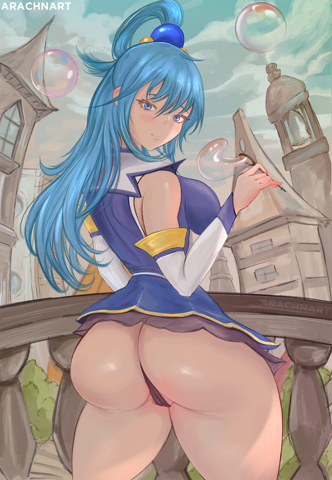 1girls, aqua (konosuba), arachnart, ass, big ass, big breasts, big butt, blue hair, blue-haired female, breasts, eye contact, female, kono subarashii sekai ni shukufuku wo!, long hair, looking at viewer, looking back, sideboob, solo, standing, thick thighs, thighs, thong