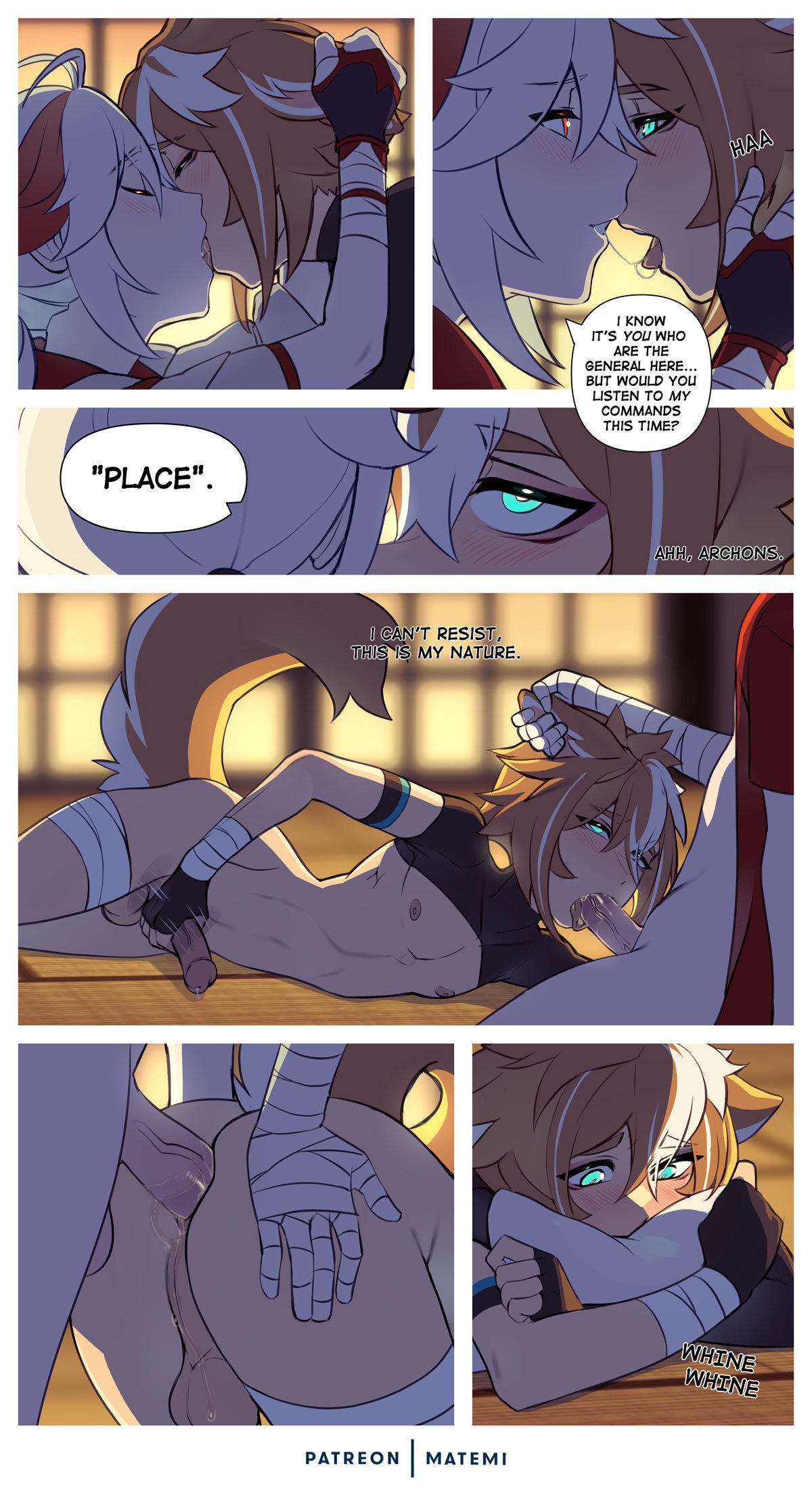 anal, anal sex, comic, dog ears, dog tags, doggy style, fellatio, femboy, gay, genshin impact, gorou (genshin impact), handjob, hugging pillow, kaedehara kazuha, kissing, male, matemi, oral, tagme, yaoi