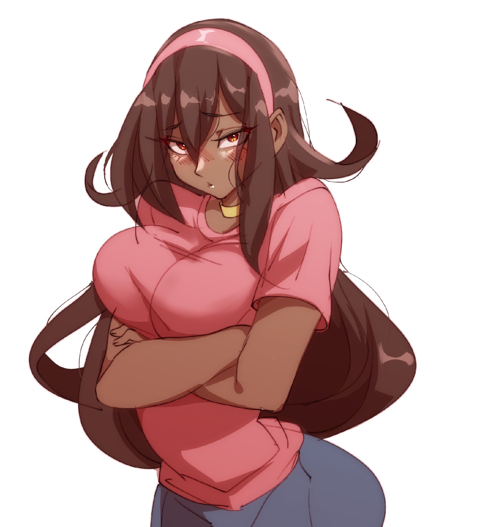 1girls, 2d, 2d (artwork), arms crossed, big breasts, blush, borrowed character, breasts, brown hair, choker, clothed, clothed female, clothing, dark skin, dark-skinned female, female, female only, fully clothed, hairband, hi res, human, human female, human only, long hair, looking at viewer, nisego, no sex, original, realistic breast size, realistic proportions, red eyes, sfw, simple background, solo, solo female, tsona (nyantcha), upper body, white background, younger female