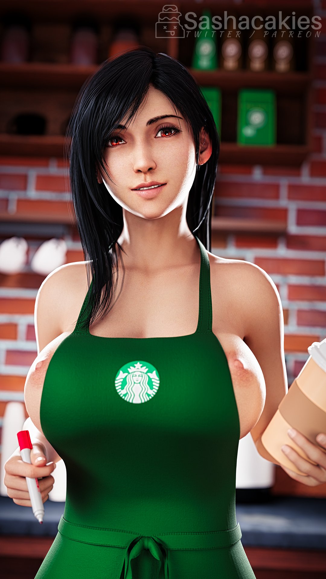 1girls, 3d, apron, apron only, areolae, bare shoulders, barista, big breasts, black hair, breasts, busty, coffee, coffee cup, erect nipples, female, female focus, female only, final fantasy, final fantasy vii, final fantasy vii remake, hourglass figure, human, iced latte with breast milk, large breasts, long hair, looking at viewer, meme, naked apron, nipples, public nudity, red eyes, sashacakies, sideboob, solo, standing, starbucks, tifa lockhart, waitress, waitress uniform, wide hips
