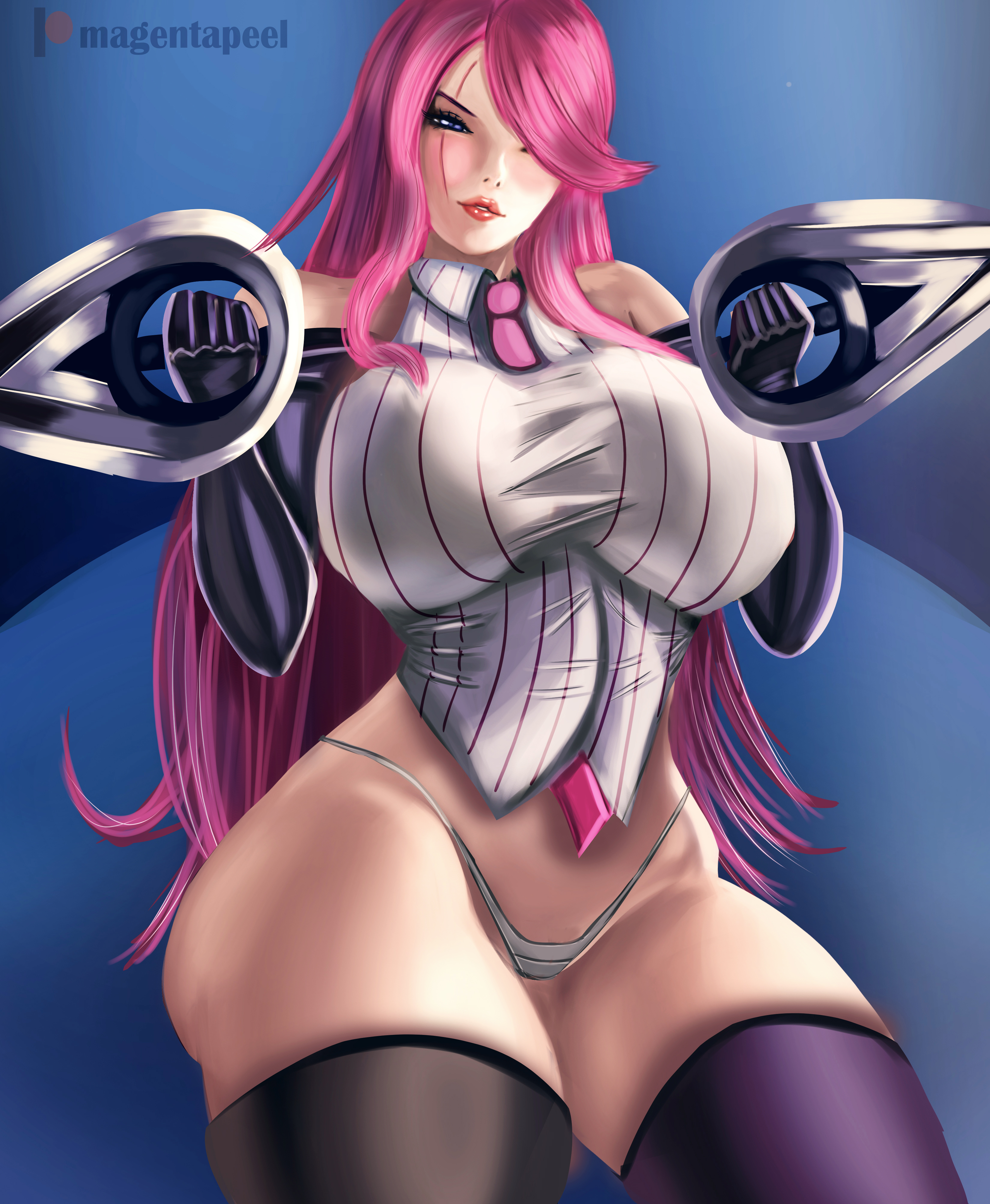battle academia katarina, big breasts, blue eyes, breasts, female, huge breasts, katarina du couteau, large breasts, league of legends, magentapeel, milf, panties, pink hair, pussy, riot games