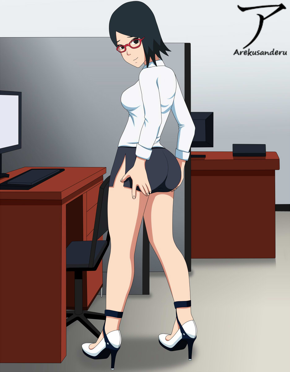1girls, aged up, arekusanderu, ass, big ass, black eyes, black hair, boruto: naruto next generations, chair, computer, desk, female, female only, footwear, from behind, full body, fully clothed, glasses, heels, long hair, looking at viewer, looking back, naruto, naruto (series), no panties, office, office lady, presenting, presenting ass, round ass, sarada uchiha, shirt, shounen jump, skirt, smile, solo, solo focus, standing