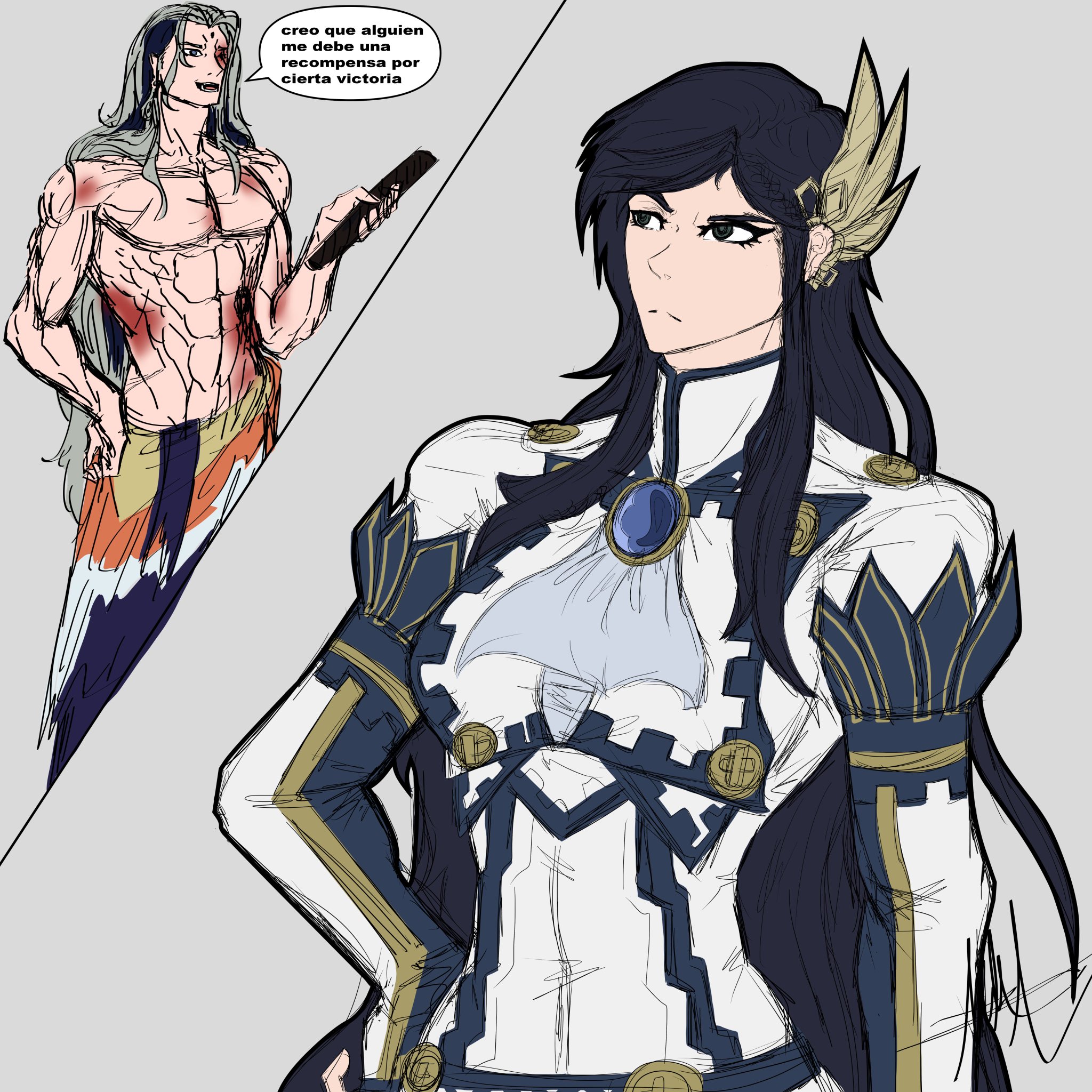 1boy, 1girls, ass, big ass, big breasts, big butt, big hips, big nipples, blue hair, breasts, brunhilde (shuumatsu no valkyrie), buddha (shuumatsu no valkyrie), deity, female, hourglass figure, huge ass, huge breasts, huge butt, huge hips, huge thighs, long hair, male, muscular, muscular female, seductive, shuumatsu no valkyrie, spanish text, wide hips, wink