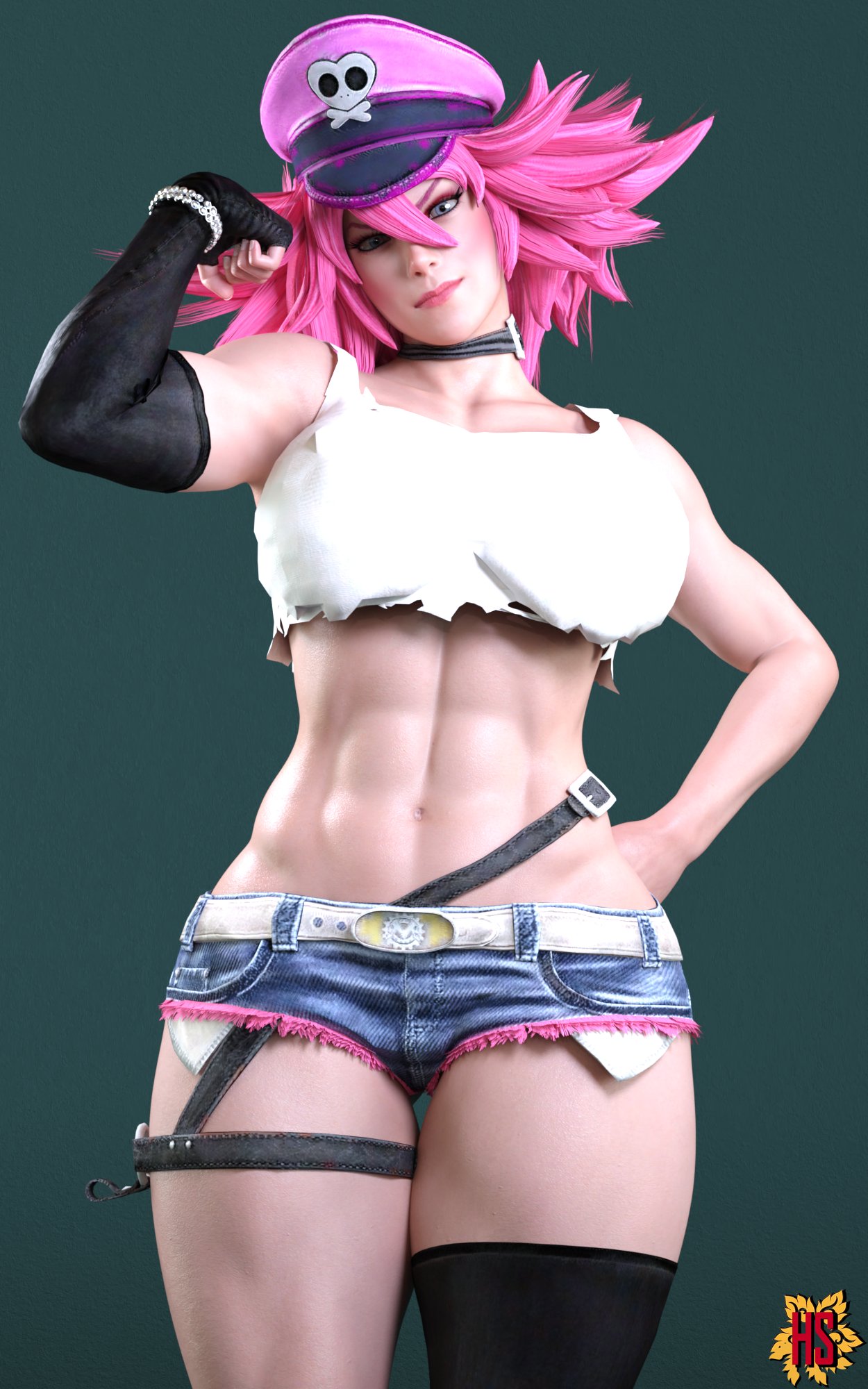 1girls 3d abs big_breasts blue_denim_shorts blue_eyes breasts busty capcom choker cutoff_shorts denim_shorts female female_only final_fight fingerless_gloves hagiwara_studio hat hourglass_figure long_hair looking_at_viewer midriff muscles muscular muscular_female navel one_glove pink_hair poison_(final_fight) revealing_shorts short_shorts solo solo_female standing street_fighter street_fighter_v tagme thick_thighs toned toned_female white_tank_top white_topwear wide_hips