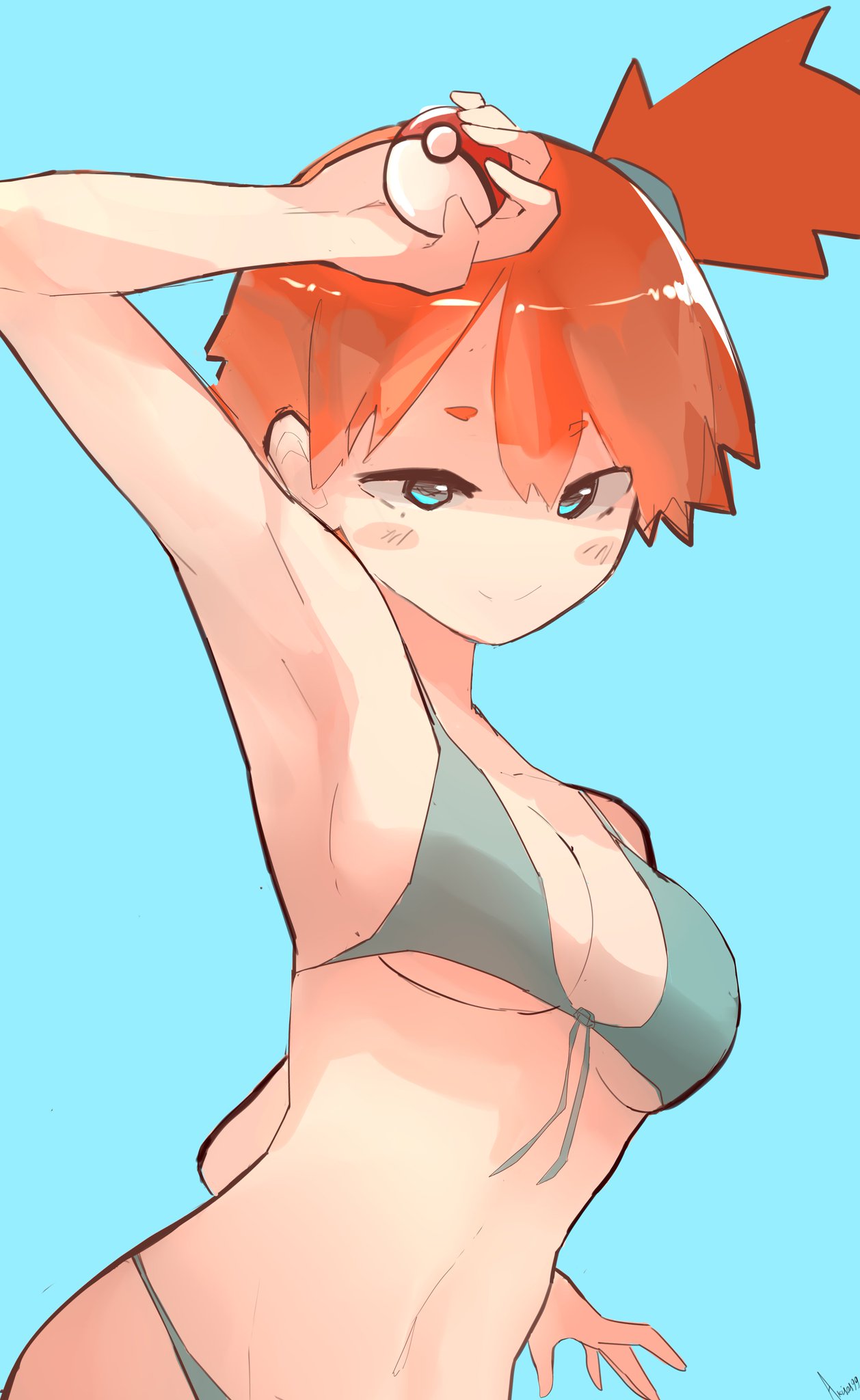 1girls akisas99 bikini blue_eyes blush breasts female female_only kasumi_(pokemon) medium_breasts misty_(pokemon) navel orange_hair pokeball pokemon pokemon_rgby smile solo