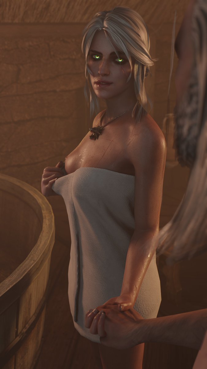 1girls, 3d, breasts, cd projekt red, ciri, female, geralt of rivia, light skin, light-skinned female, light-skinned male, male, stephanie23, the witcher (series), the witcher 3: wild hunt, towel