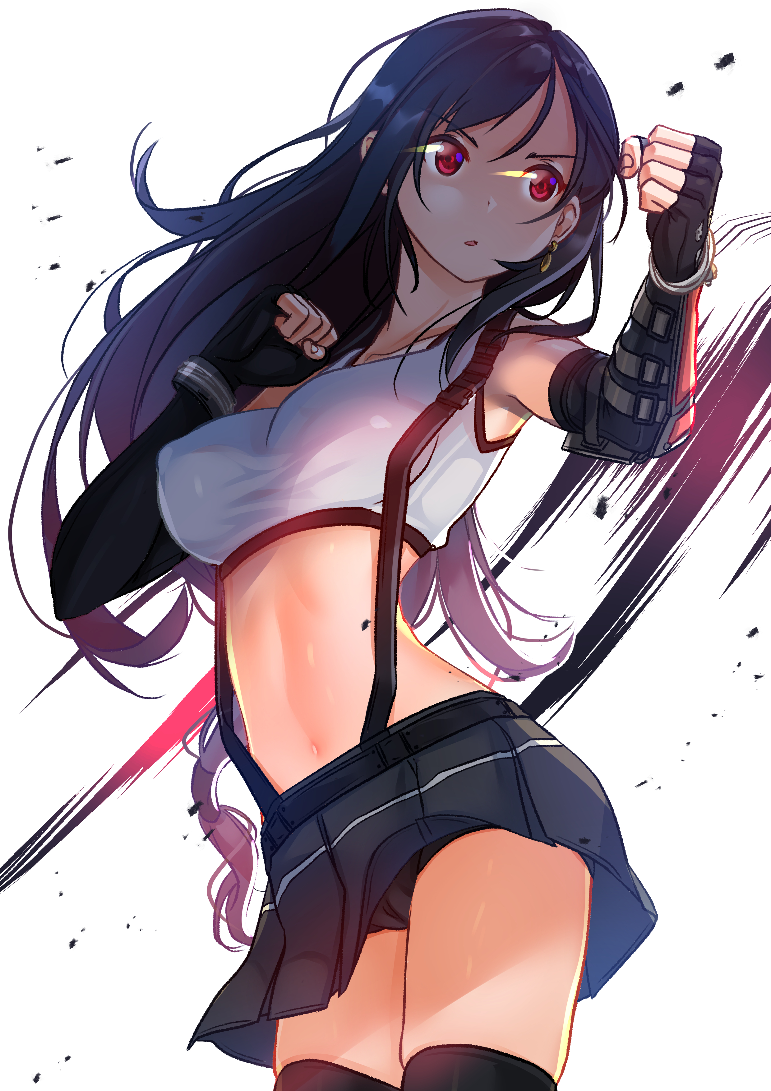 arm warmers, black hair, black skirt, breasts, crop top, earrings, elbow gloves, elbow pads, exposed shoulders, female, fighting stance, final fantasy, final fantasy vii, final fantasy vii remake, fingerless gloves, gloves, high resolution, jewelry, large breasts, lingerie, long hair, low-tied long hair, midriff, miniskirt, paid reward, pantsu, patreon reward, pencil skirt, pleated skirt, red eyes, see-through, shirt, skindentation, skirt, sleeveless, sleeveless shirt, solo, suspender skirt, suspenders, sydus, tank top, thighhighs, thighs, tied hair, tifa lockhart, underwear, very high resolution, zettai ryouiki