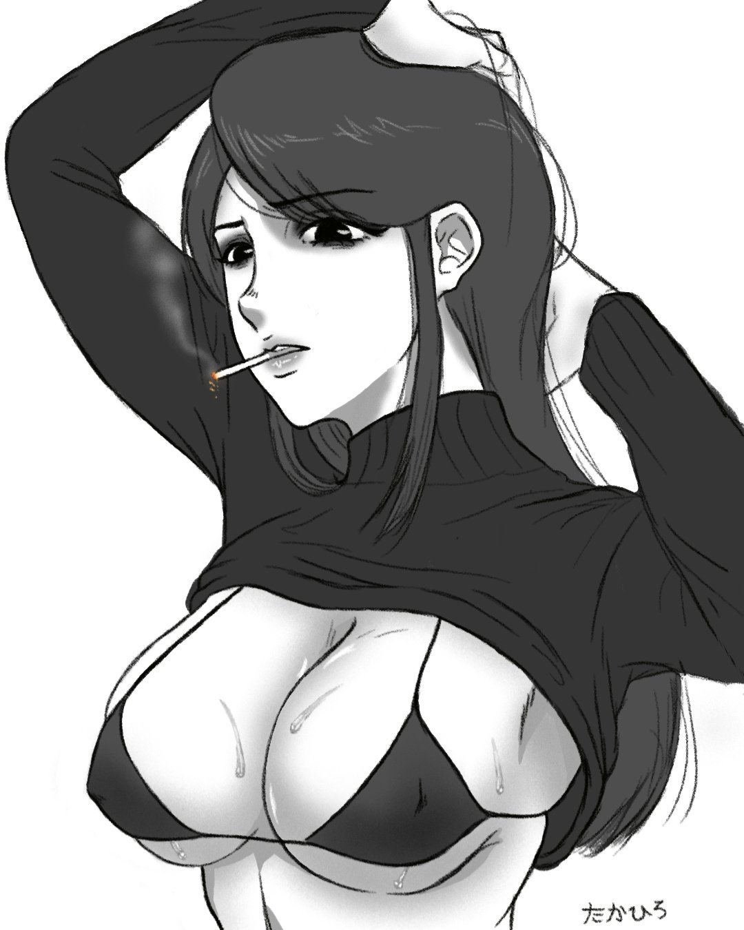 2021, black bra, black hair, breasts, cigarette, fanart, female, goth, sweat, veronica (saltynoodles), white skin