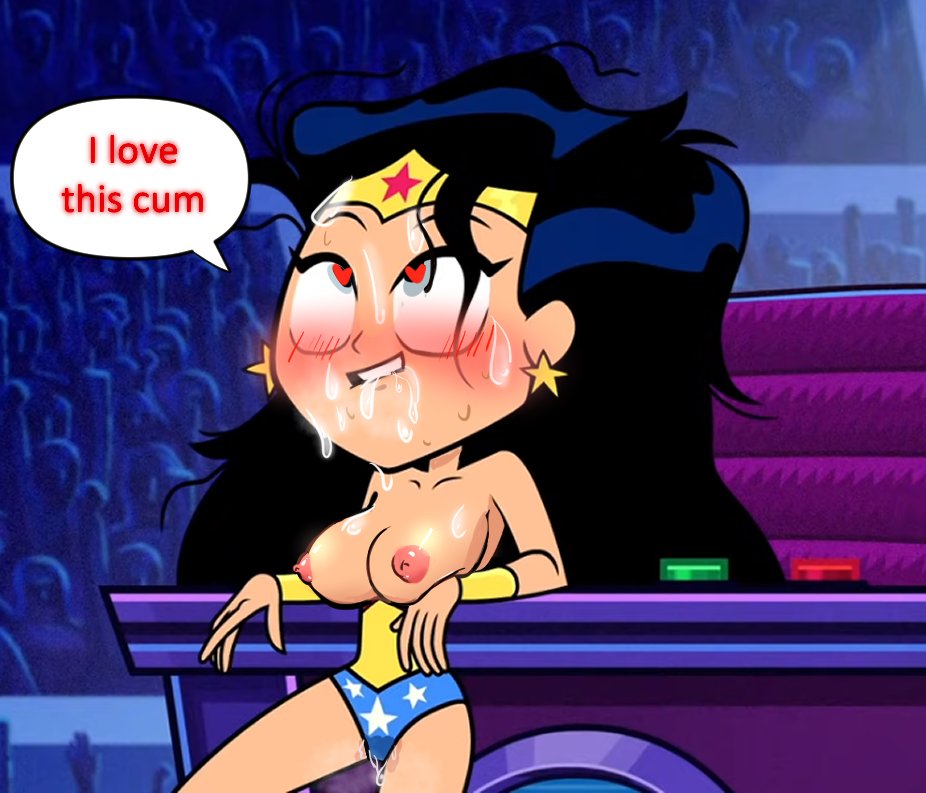 accurate art style, after sex, big breasts, black hair, breasts, cum, cum in mouth, cum on breasts, dc, dc comics, edit, english text, erect nipples, female, heart-shaped pupils, justice league, long hair, nipples, screenshot edit, soniban nsfw, teen titans go, text, text bubble, wonder woman, wonder woman (series), wonder woman (teen titans go)