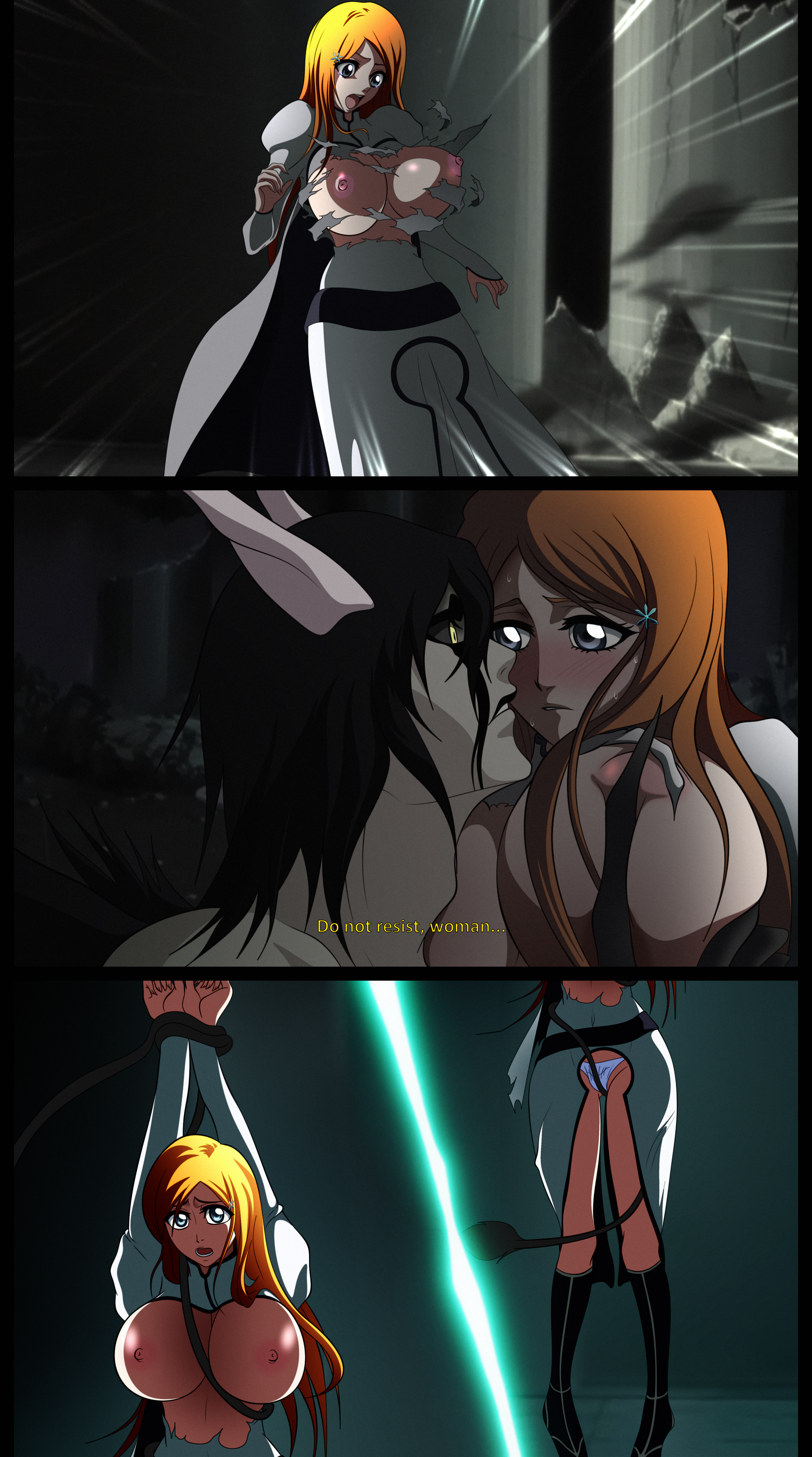 1boy, 1boy1girl, 1girls, afraid, arrancar, big breasts, black hair, black wings, bleach, breasts, breasts out, breasts out of clothes, captive, captured heroine, clothing, crying, crying with eyes open, curvy, damaged clothes, damsel in distress, destroyed clothing, doujin, espada, exposed, exposed breasts, eyes, fear, female, female human, female human/male monster, fullbringer, gasp, gray eyes, grey eyes, hair ornament, hairclip, helpless, helpless female, hollow (bleach), hollow (species), horns, hueco mundo, human female, imminent rape, imminent sex, indoors, inoue orihime, interspecies, interspecies sex, intimate, las noches, long hair, long tail, male monster, monster, monster boy, monster boy/female human, nipples, oldhorrorz, open mouth, orange hair, prisoner, restrained, restrained by tail, resurreccion, ripped clothing, rubble, scared, snowflake hair ornament, surprised, tail, tail grab, tail restraint, tail tuft, tail whip, tail wrap, tears, ulquiorra cifer, unwanted exposure, wings