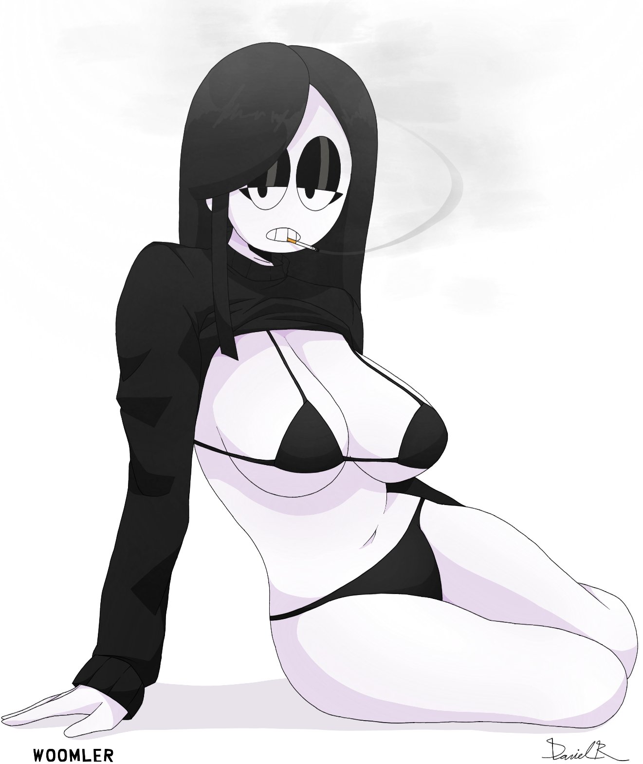 1girls, 2021, 2d, big breasts, black bra, black eyeshadow, black hair, black panties, bra, breasts, cigarette, cleavage, clothed, curvy, digital media, eyeshadow, fanart, female, female only, full body, goth, half-closed eyes, laying on side, long sleeves, looking at viewer, original, panties, simple background, smoke, smoking, solo, underwear, veronica (saltynoodles), voluptuous, white background, white body, white skin, woomler