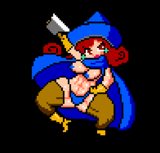 1girls a- alena_(dq4) black_background blue_hat blue_panties cape curly_hair dragon_quest dragon_quest_iv earrings female gloves huge_breasts large_breasts mage panties pixel_art red_hair solo solo_female stockings thick_thighs thighhighs topless witch_hat