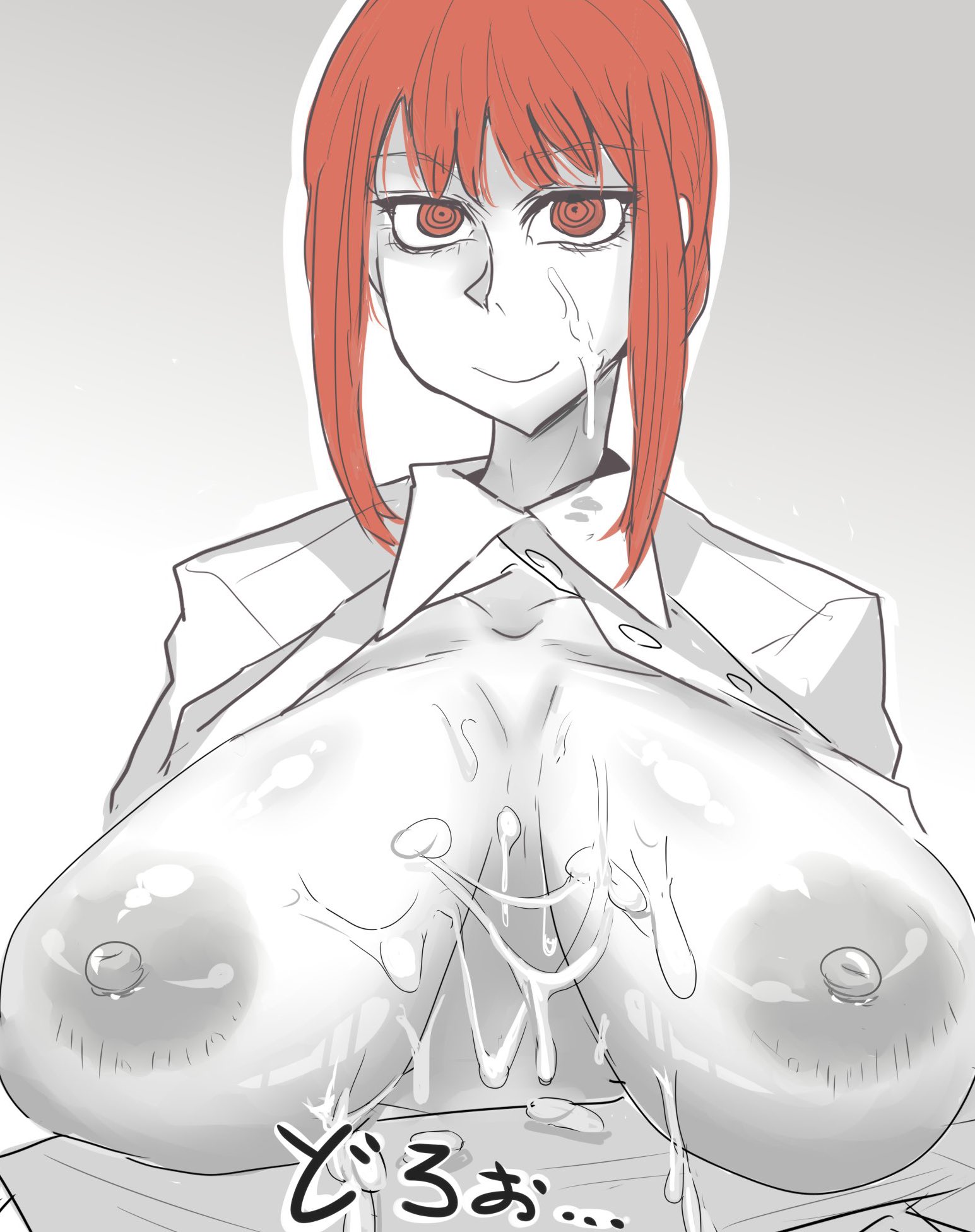 1girls, areolae, big breasts, braided hair, breasts, chainsaw man, cum, cum between breasts, cum bridge, cum on breasts, cum on face, eye contact, female, huge breasts, kyoukotsu02, large breasts, looking at viewer, makima (chainsaw man), nipples, partially colored, red eyes, red hair