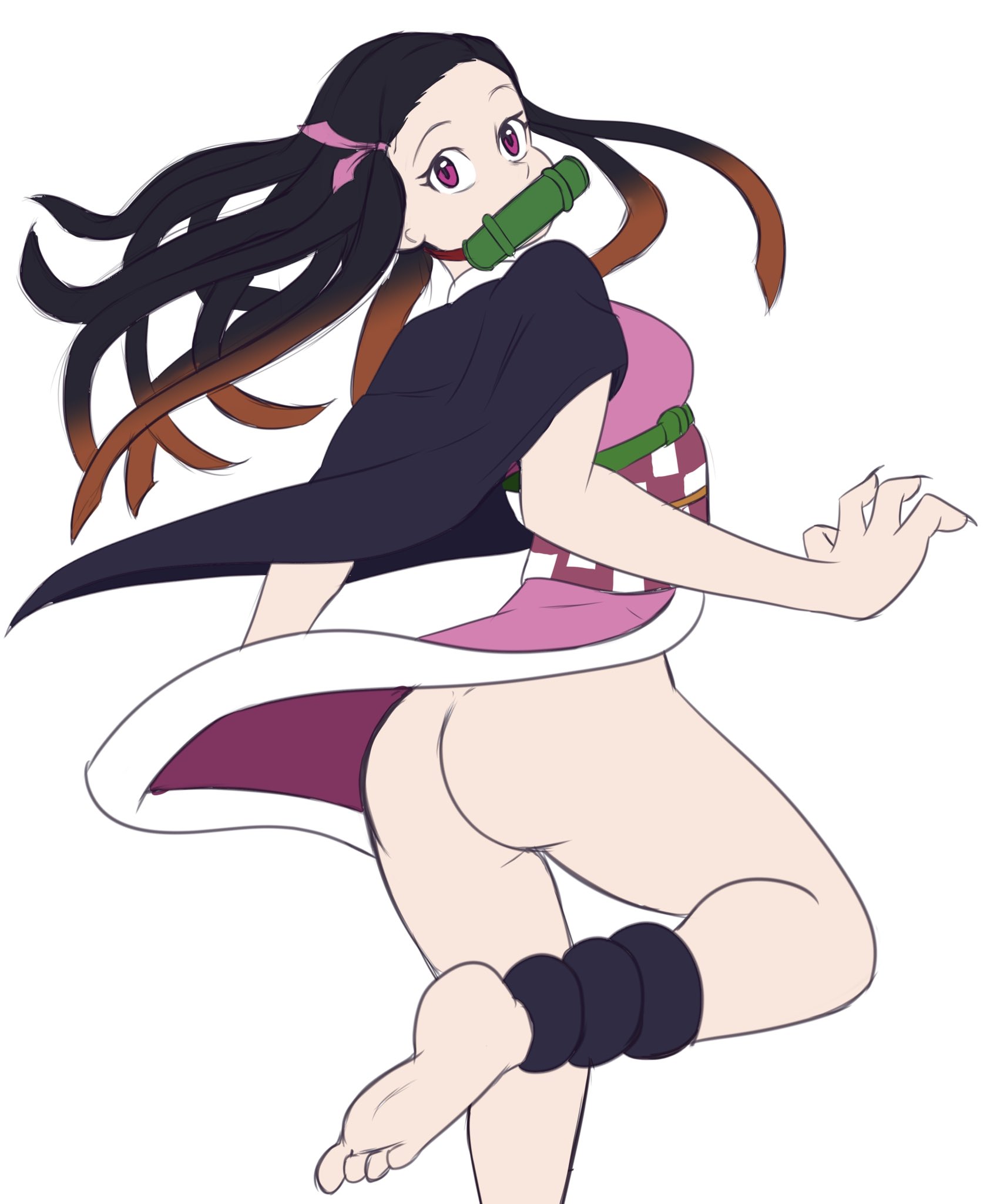 1girls, ass, bamboo gag, bottomless, demon, demon girl, demon slayer, eye contact, feet, female, female only, kamado nezuko, kimetsu no yaiba, klassyarts (artist), long hair, looking at viewer, no panties, solo, thighs, two-tone hair, white background