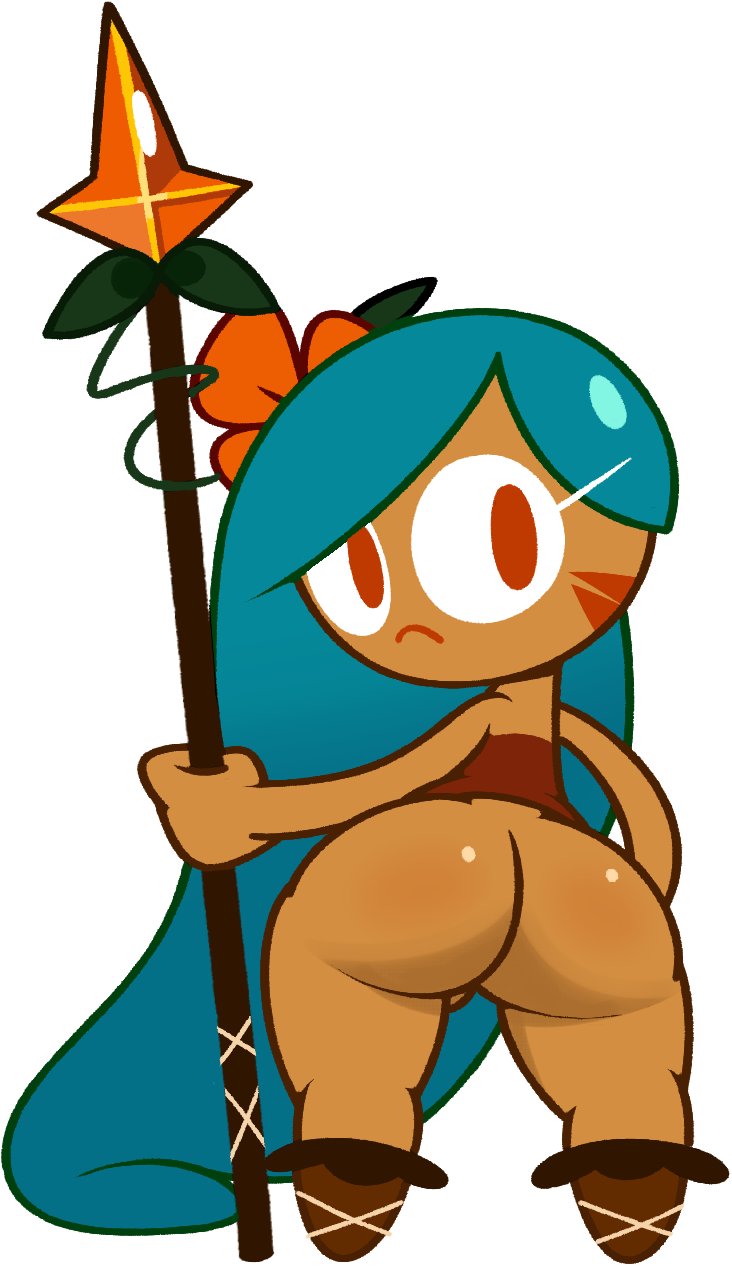 1girls 2021 ass ass_focus big_ass blue_hair bottom_heavy bottomless cookie_run facial_markings female female_only flower_in_hair frown holding_weapon huge_ass lily_(flower) looking_back orange_eyes simple_background solo spear standing thick_thighs tiger_lily_cookie tribal vilepluff white_background