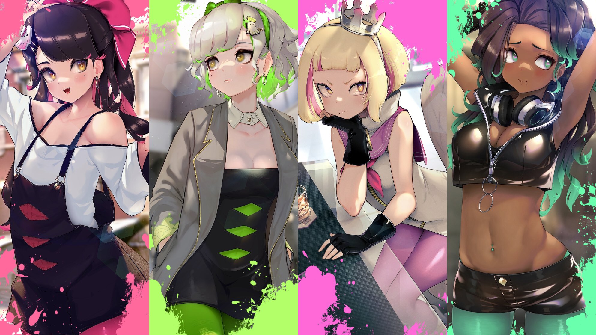4girls, beauty mark, black hair, callie (splatoon), collar, crop top, crown, dark skin, earrings, female, fingerless gloves, gloves, green eyes, green highlights, groin, hands in pockets, headphones, headphones around neck, hi res, high resolution, highres, hizake, human, humanized, humanoid, inkling, jacket, kashu (hizake), long hair, marie (splatoon), marina (splatoon), multiple females, multiple girls, multiple images, octoling, pale skin, pantyhose, pearl (splatoon), pink highlights, short hair, smooth skin, splatoon, splatoon 2, squid sisters, white hair, yellow eyes, zipper