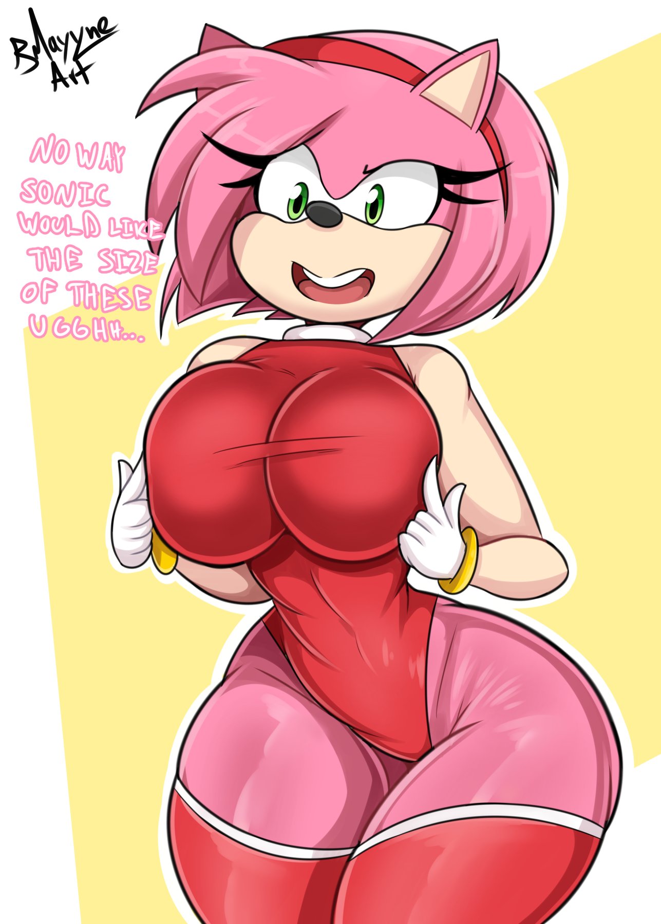 1girls, amy rose, anthro, artist name, bare shoulders, big breasts, bmayneart, breasts, cleavage, dialogue, eyelashes, female, female only, furry, gloves, green eyes, hair, hairband, hedgehog, huge breasts, name drop, pink hair, sega, signature, solo, sonic (series), thick thighs, watermark, white gloves, wide hips