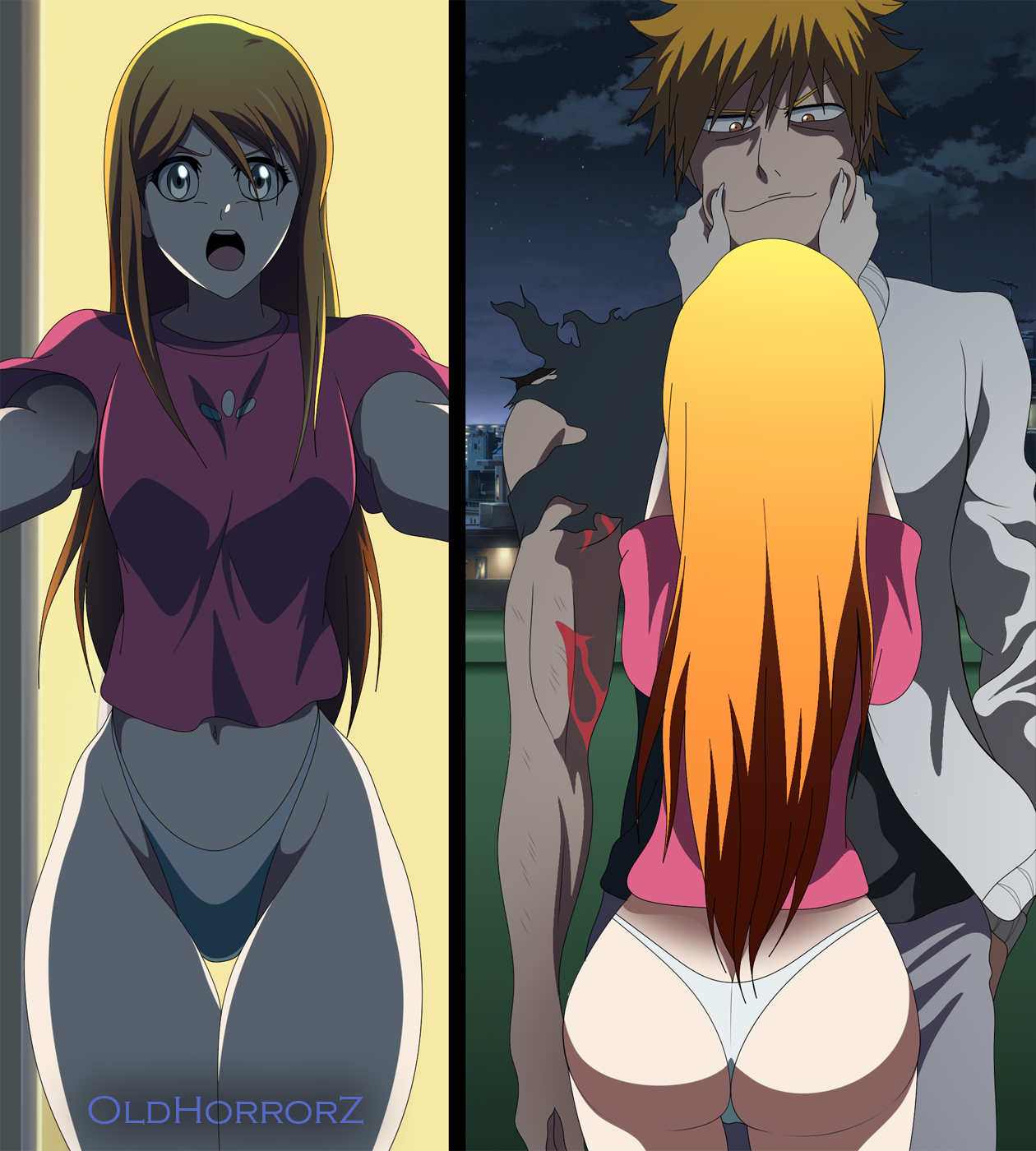 angry, ass, bare thighs, bleach, breasts, couple, female, highleg panties, ichigo kurosaki, inoue orihime, large breasts, no pants, oldhorrorz, panties, t-shirt, thick thighs, thigh gap, thong, underwear