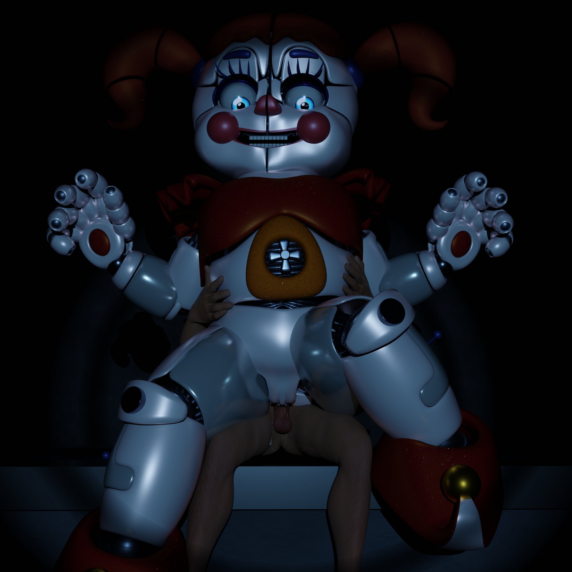 3d, 3d (artwork), baby (fnafsl), blue eyes, canon appearance, circus baby, circus baby (fnaf), circus baby (original), cowgirl position, female, five nights at freddy's, full color, light skin, light-skinned male, male, pussy, robot girl, solo, solo female, vaginal penetration, zxxxarts