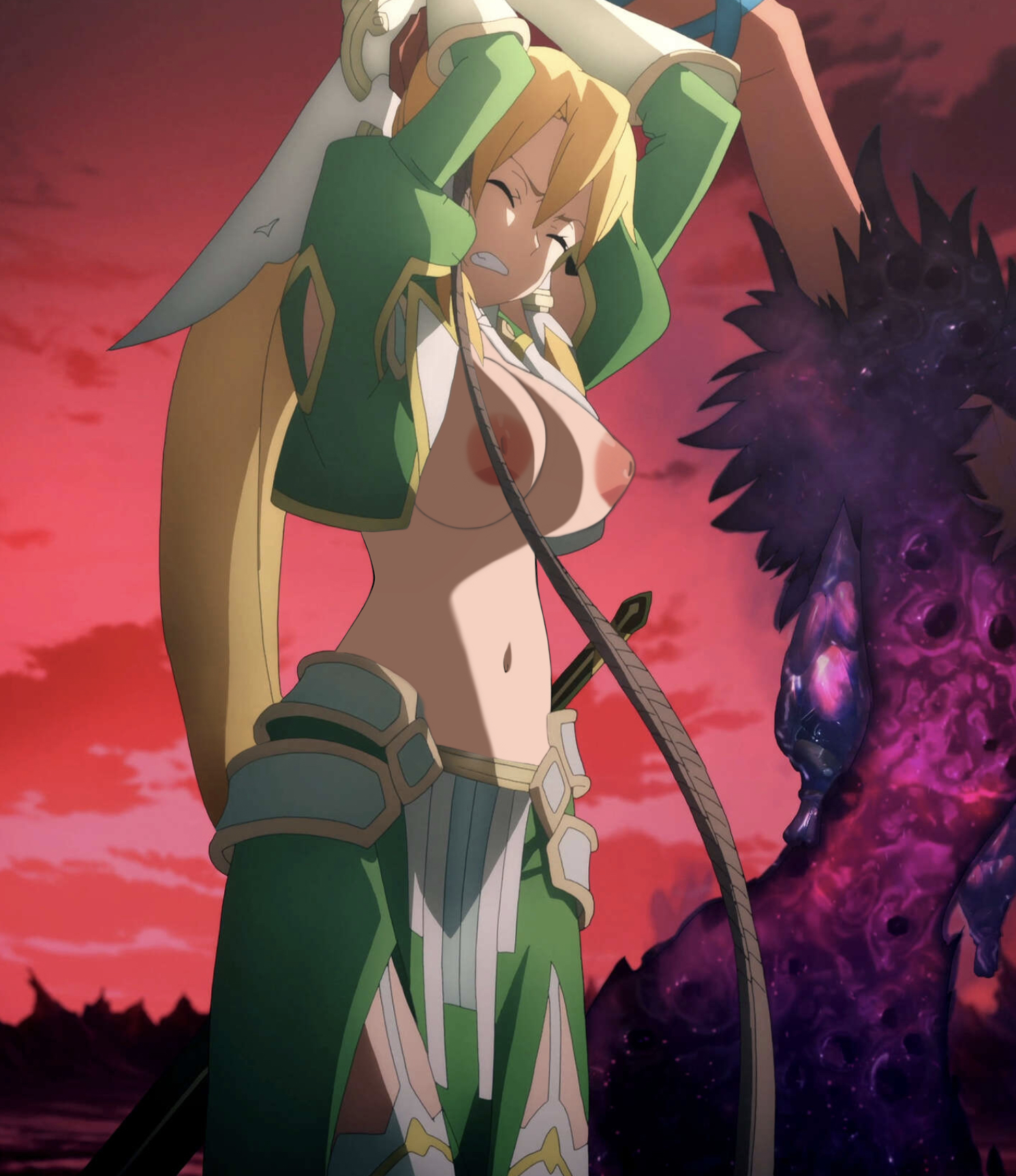 1girls, edit, female, inverted nipples, kirigaya suguha, leafa, leafa (terraria) (sao), nipples, nude filter, screenshot edit, sword art online, sword art online: alicization, tentacle